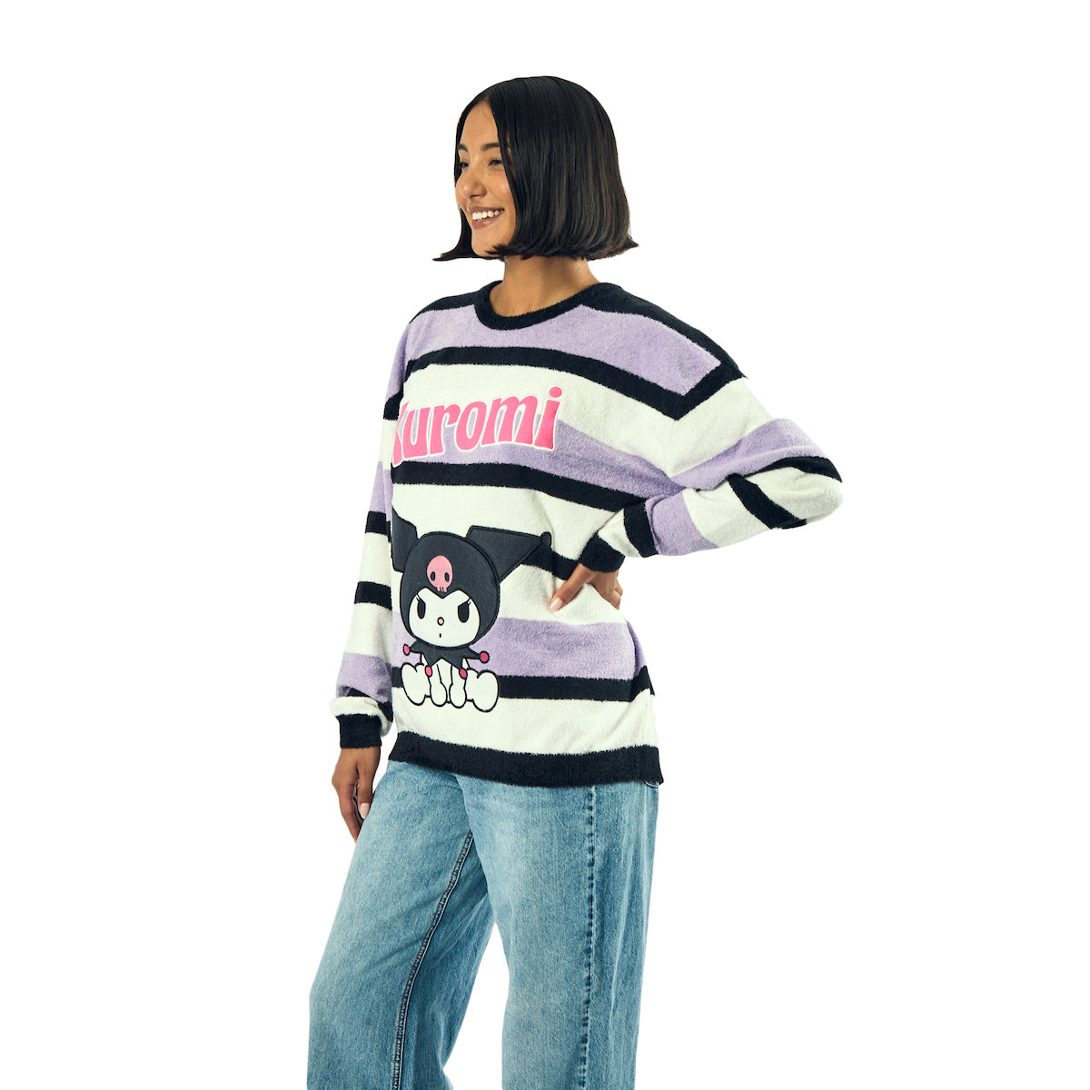 Kuromi Character Sitting Women's Purple & White Eyelash Sweater