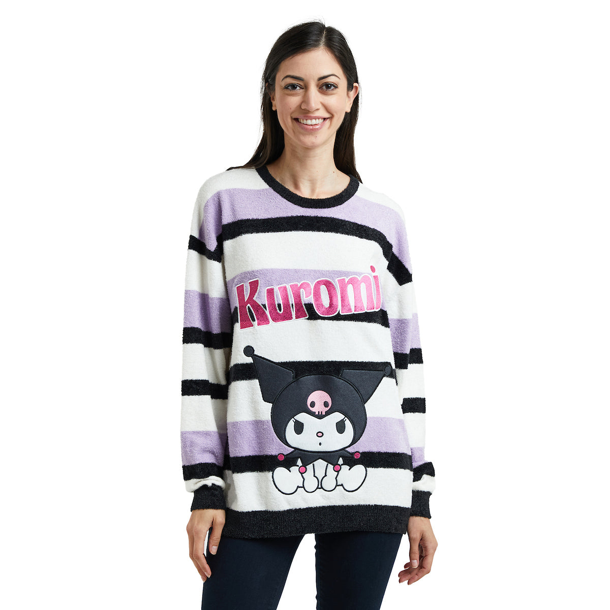 Kuromi Character Sitting Women's Purple & White Eyelash Sweater