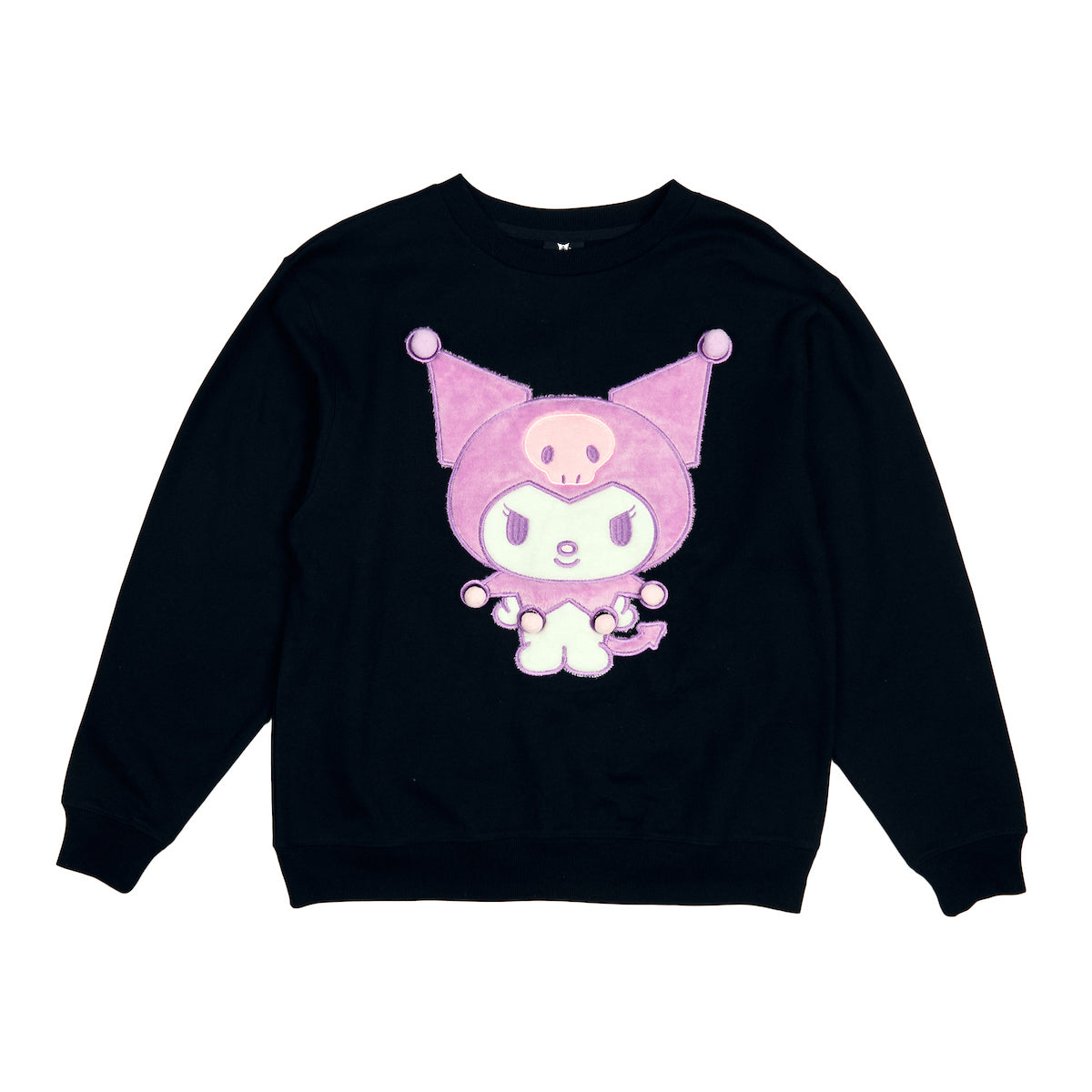 Kuromi Big Face Plush Character Women's Black Crew Neck Long Sleeve Oversized Fleece Sweatshirt