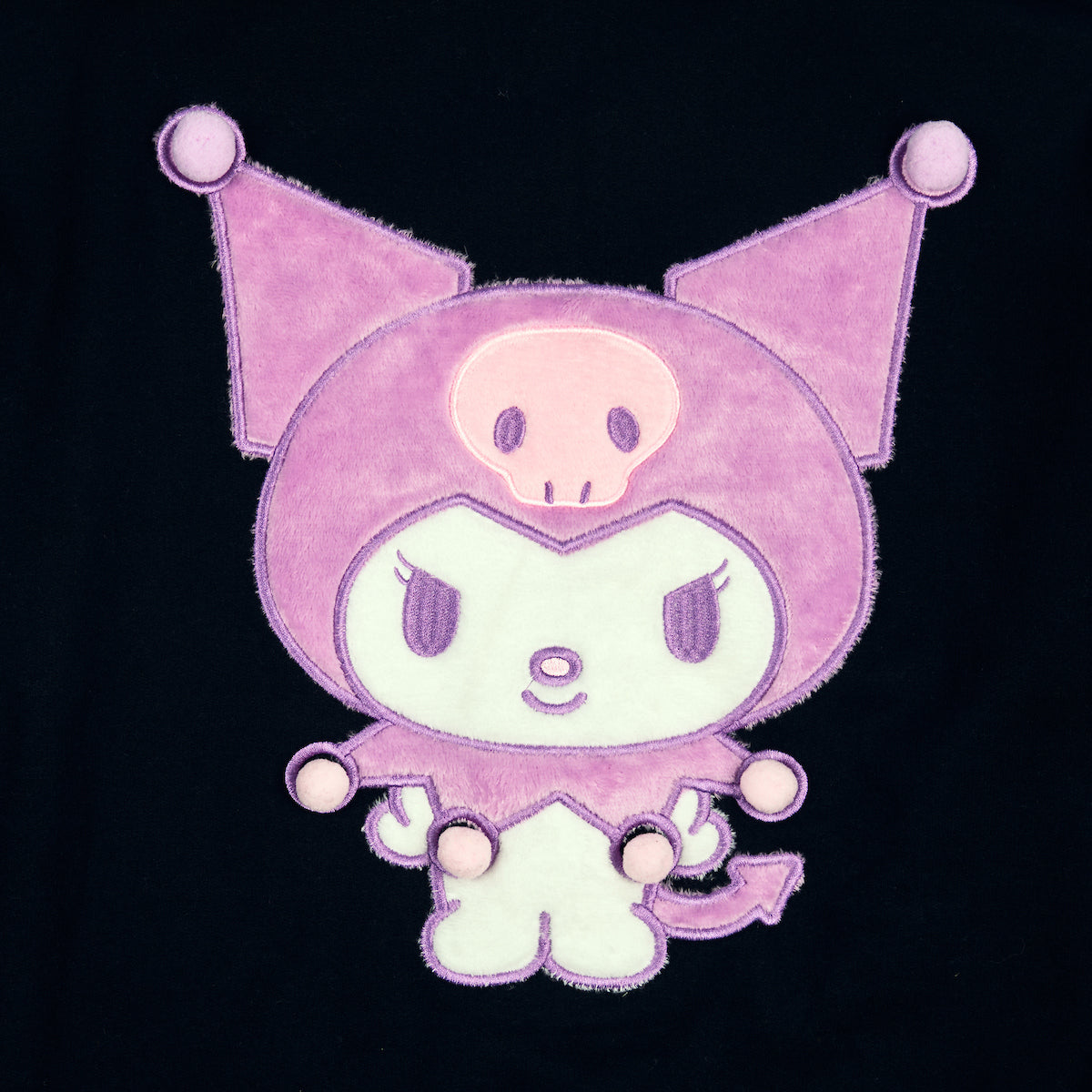 Kuromi Big Face Plush Character Women's Black Crew Neck Long Sleeve Oversized Fleece Sweatshirt