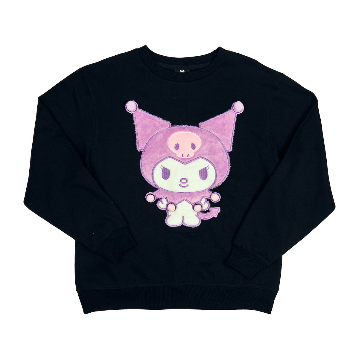 Kuromi Big Face Plush Character Women's Black Crew Neck Long Sleeve Oversized Fleece Sweatshirt