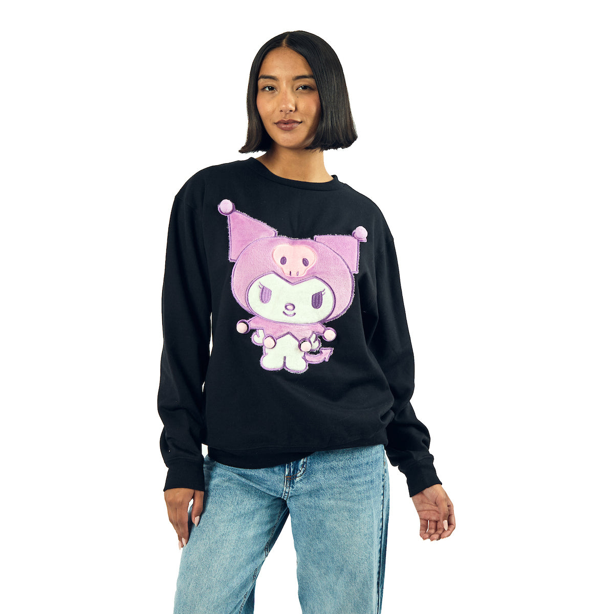 Kuromi Big Face Plush Character Women's Black Crew Neck Long Sleeve Oversized Fleece Sweatshirt
