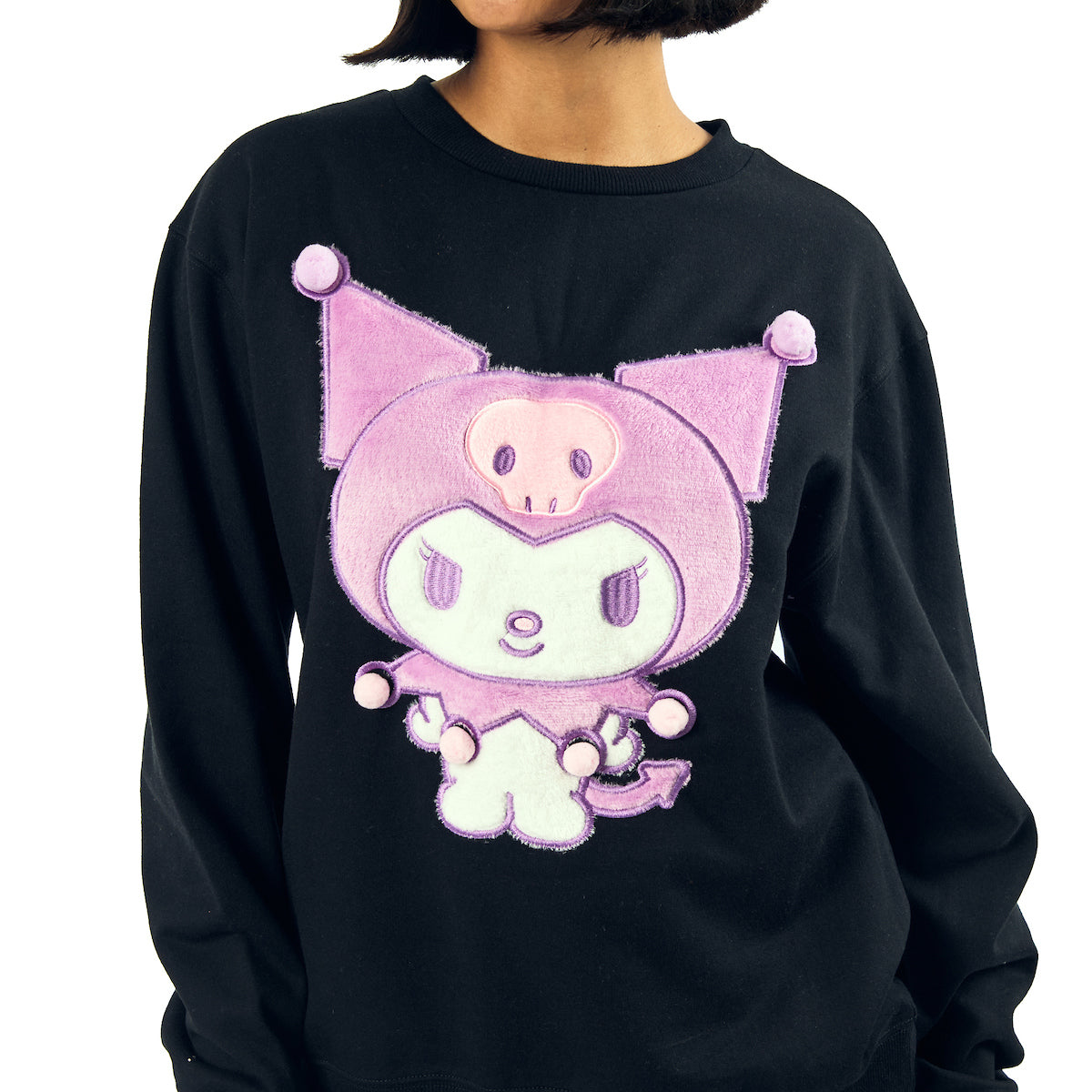 Kuromi Big Face Plush Character Women's Black Crew Neck Long Sleeve Oversized Fleece Sweatshirt