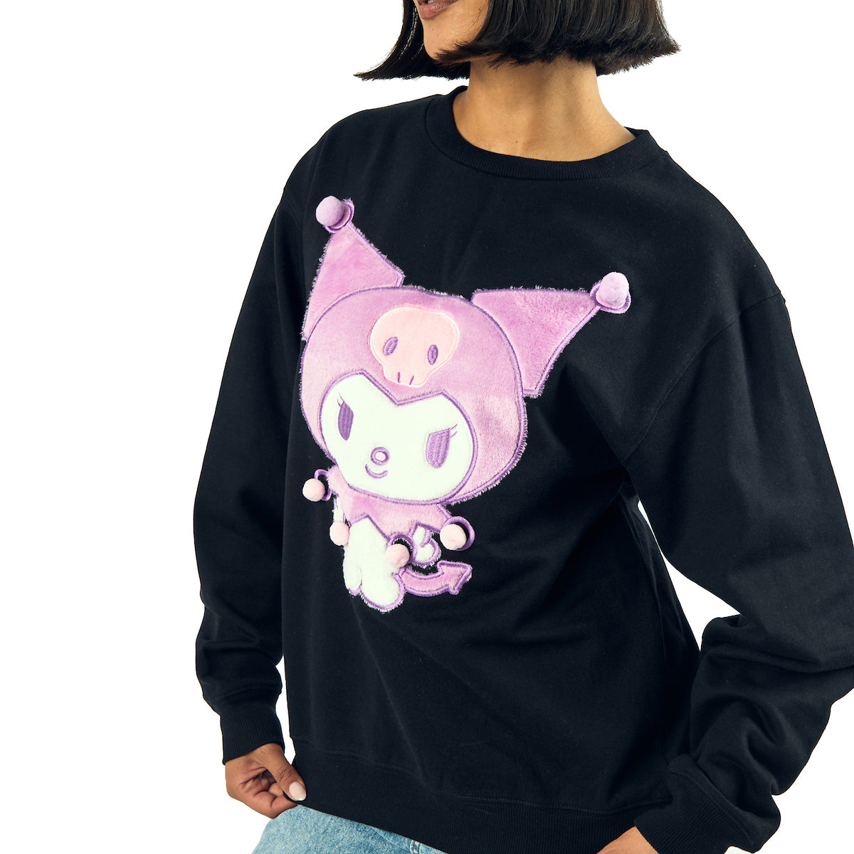 Kuromi Big Face Plush Character Women's Black Crew Neck Long Sleeve Oversized Fleece Sweatshirt