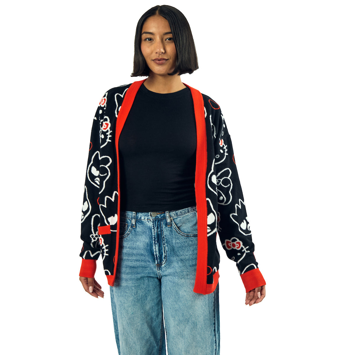 Hello Kitty & Friends Character Face Outlines Women's Black Long Sleeve Grandma Cardigan