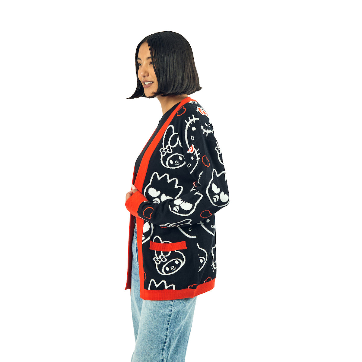 Hello Kitty & Friends Character Face Outlines Women's Black Long Sleeve Grandma Cardigan