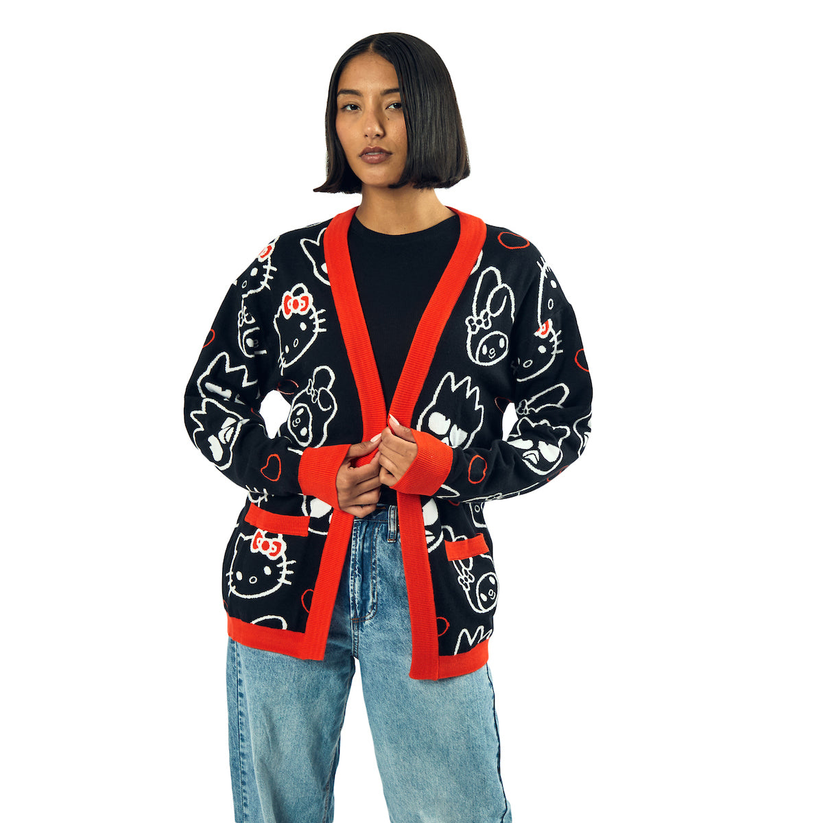 Hello Kitty & Friends Character Face Outlines Women's Black Long Sleeve Grandma Cardigan