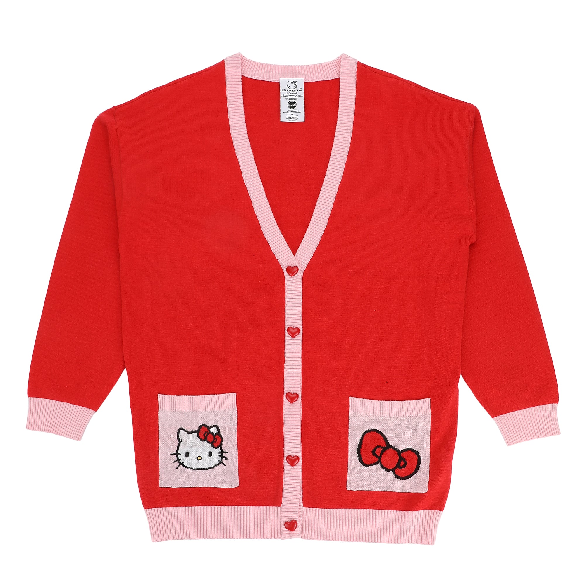 Hello Kitty Character Face & Bow Women's Red Long Sleeve Cardigan Sweater