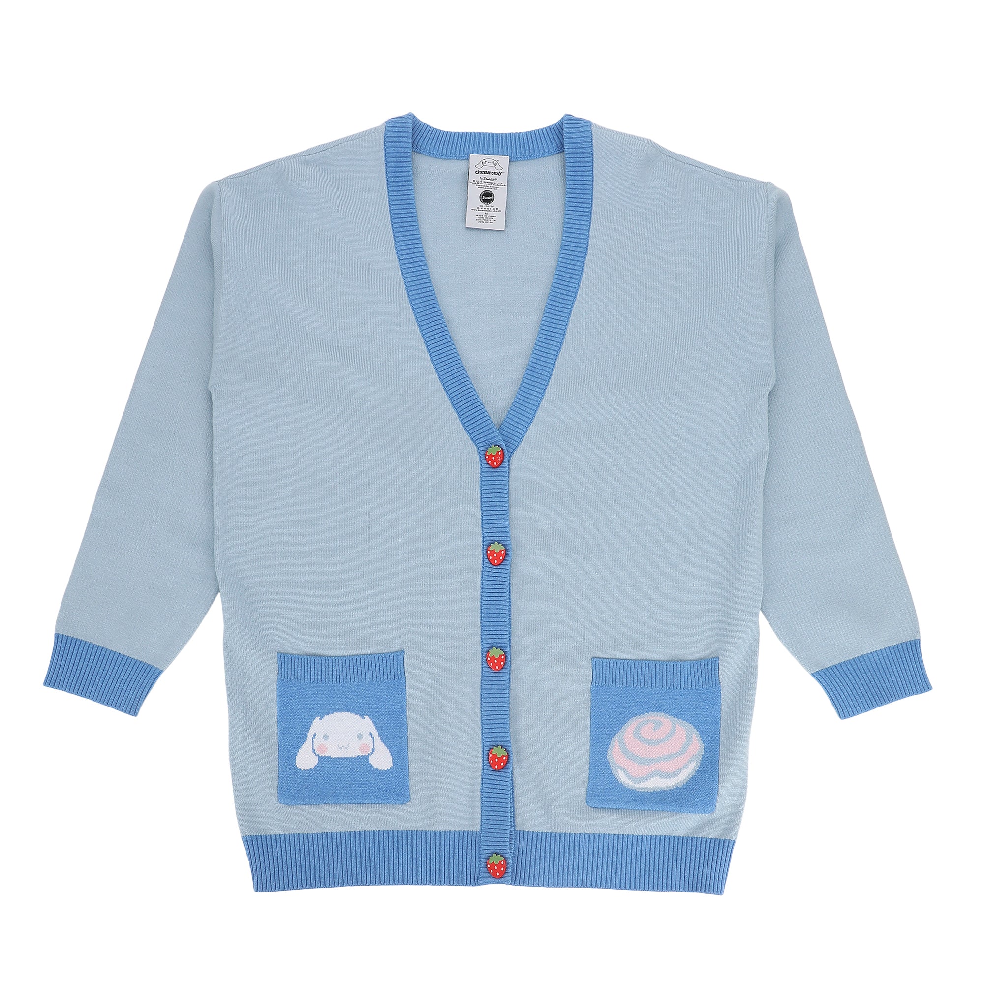 Cinnamoroll Character Face & Cinnamon Roll Women's Blue Long Sleeve Cardigan Sweater