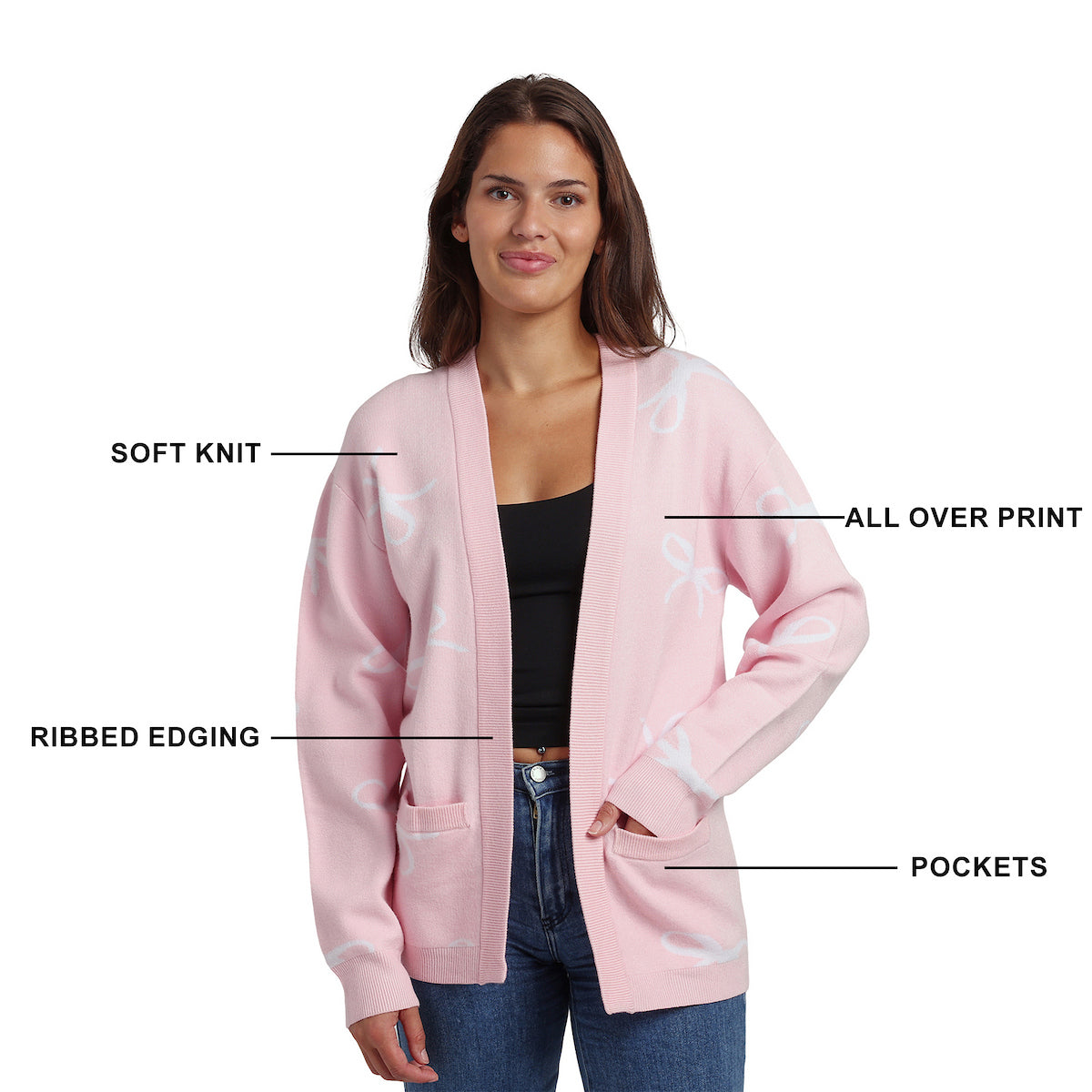 White Ribbons All-Over Print Women's Pink Long Sleeve Cardigan