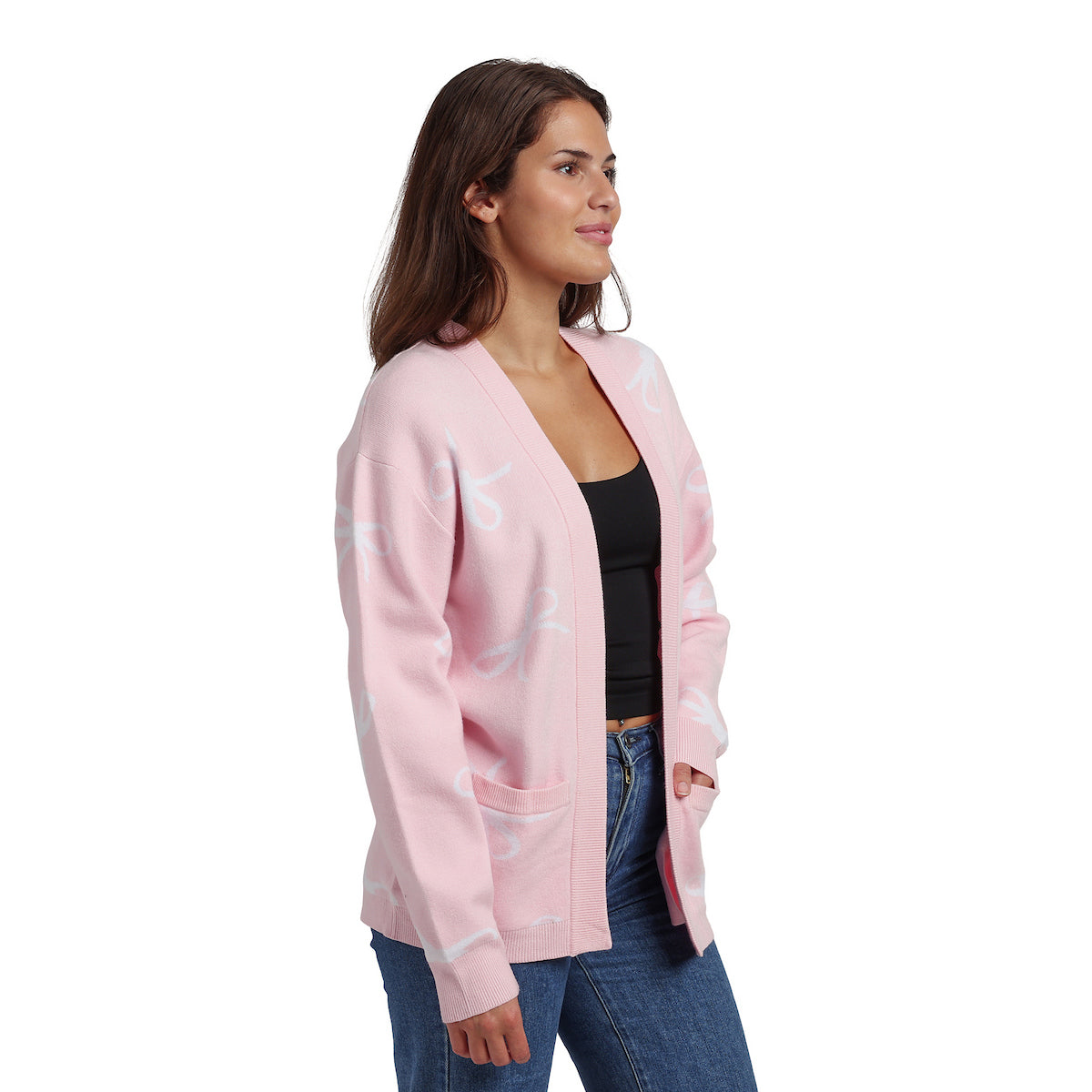 White Ribbons All-Over Print Women's Pink Long Sleeve Cardigan