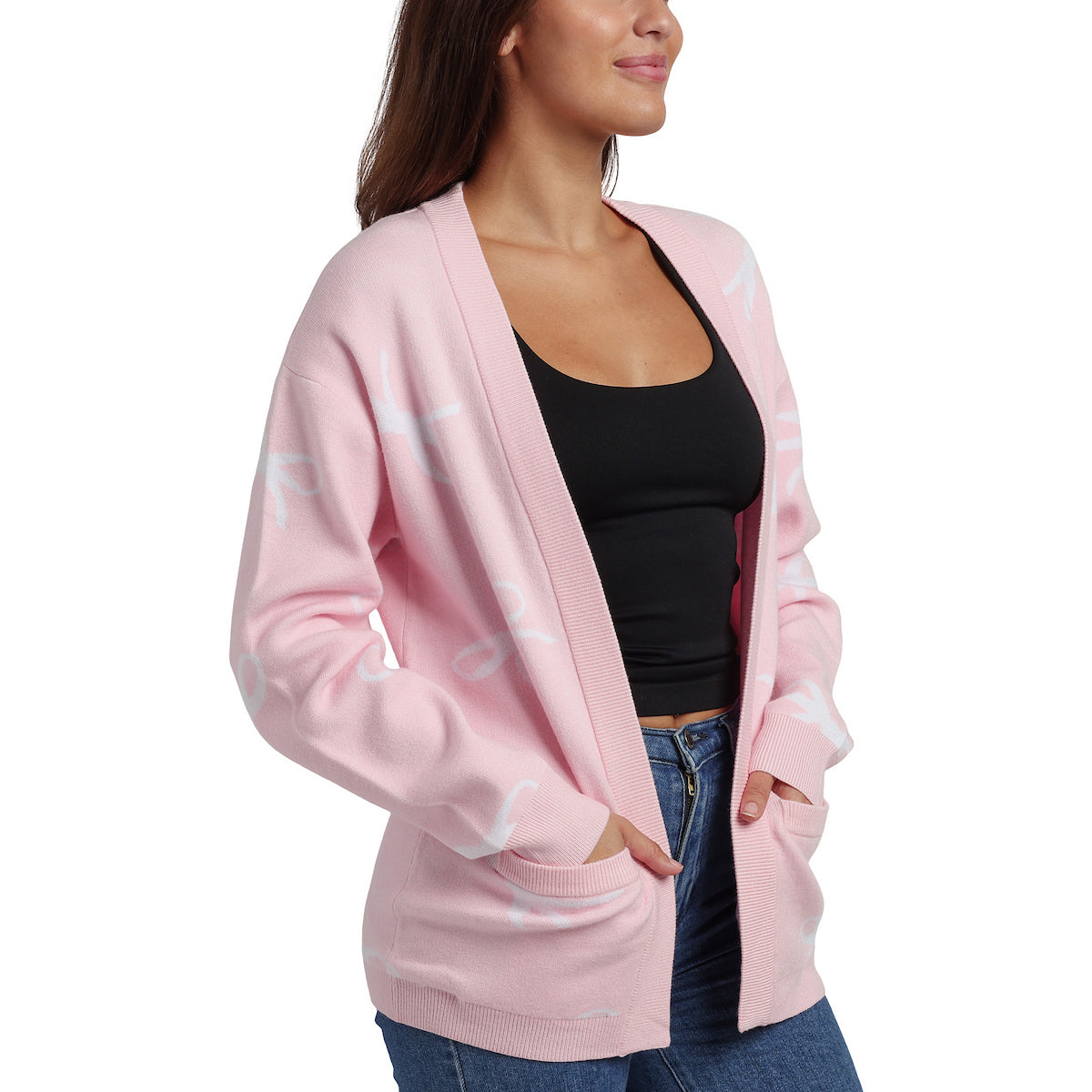 White Ribbons All-Over Print Women's Pink Long Sleeve Cardigan