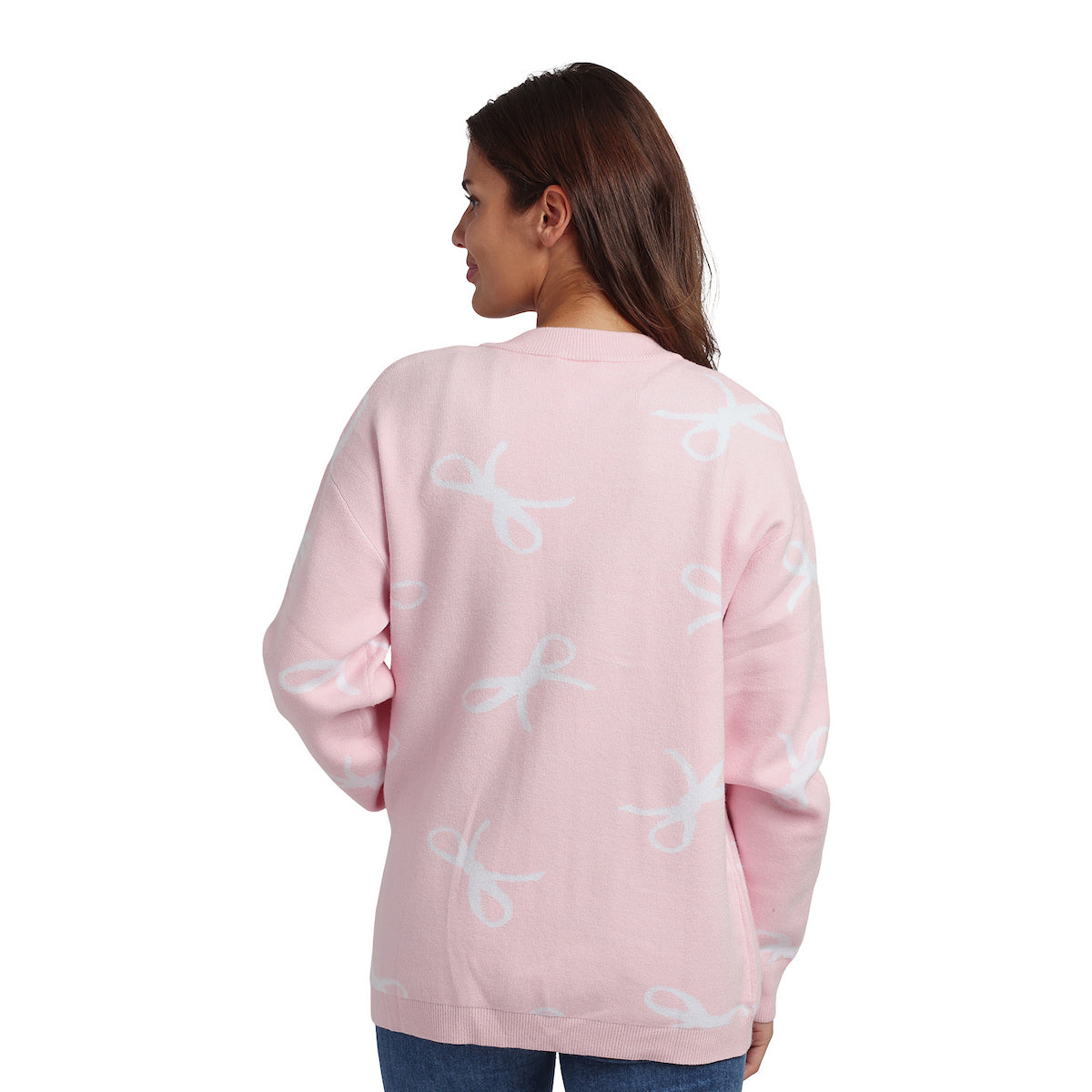 White Ribbons All-Over Print Women's Pink Long Sleeve Cardigan