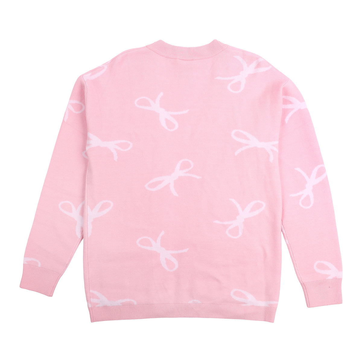 White Ribbons All-Over Print Women's Pink Long Sleeve Cardigan