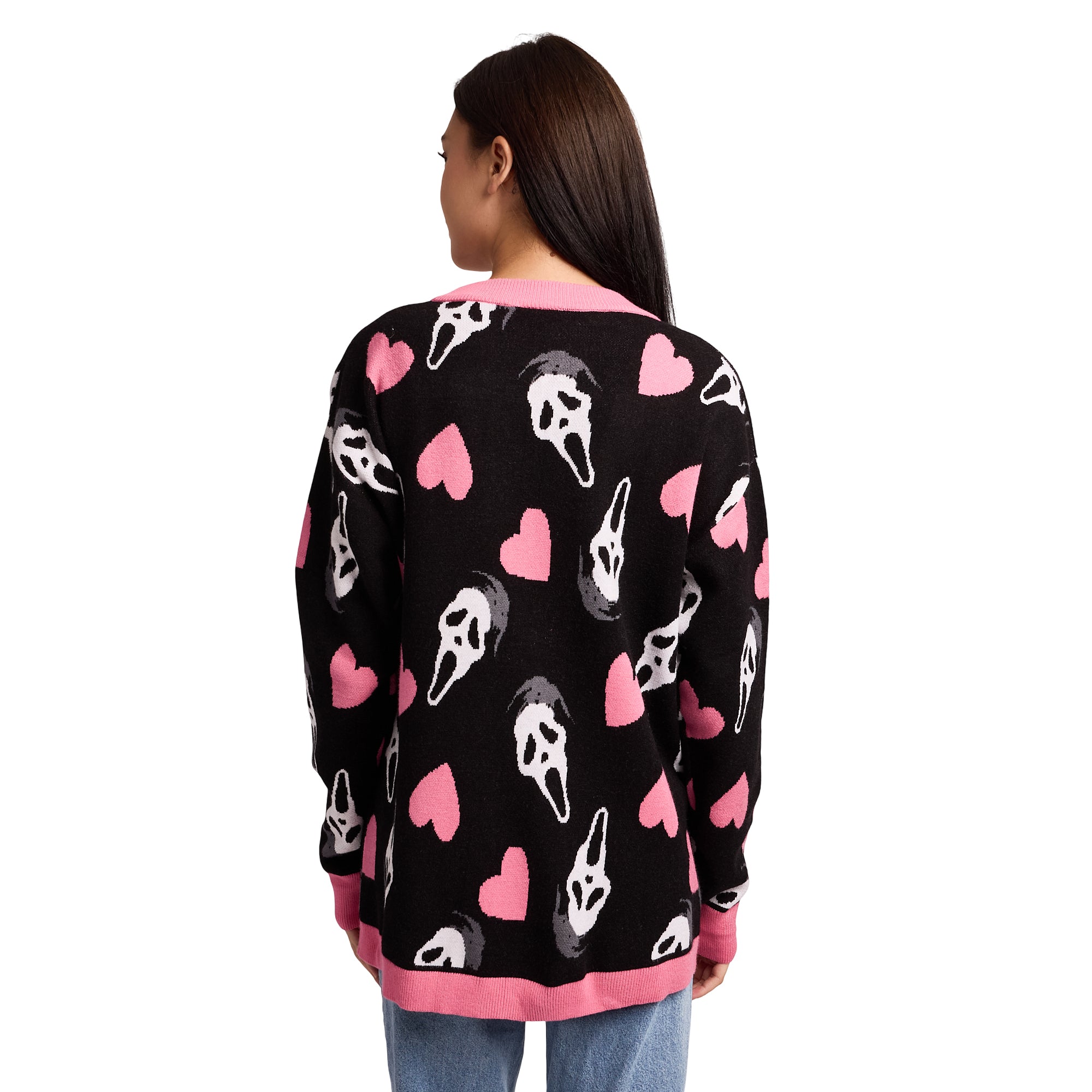 Ghostface Hearts All-Over Print Women's Black Long Sleeve Cardigan