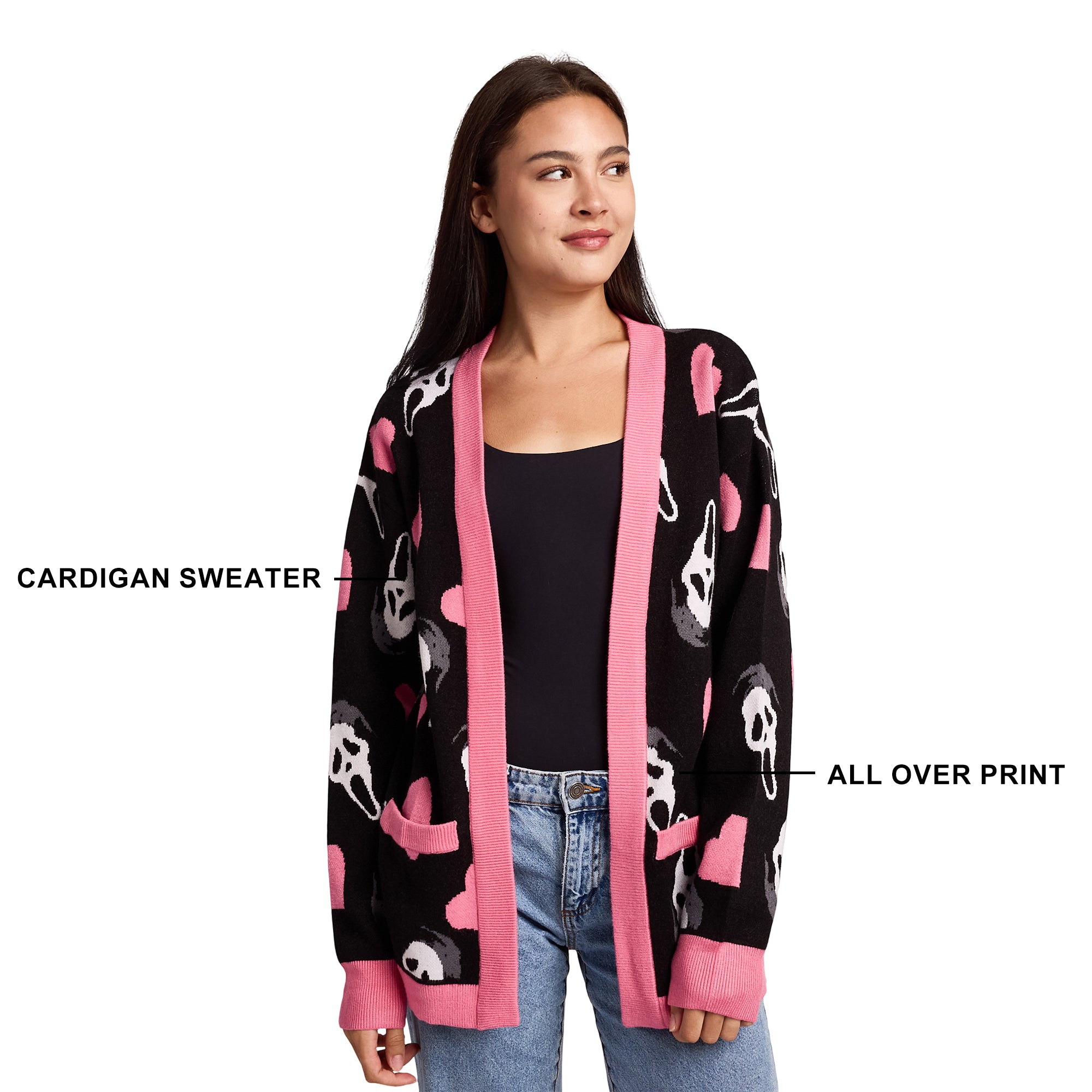 Ghostface Hearts All-Over Print Women's Black Long Sleeve Cardigan