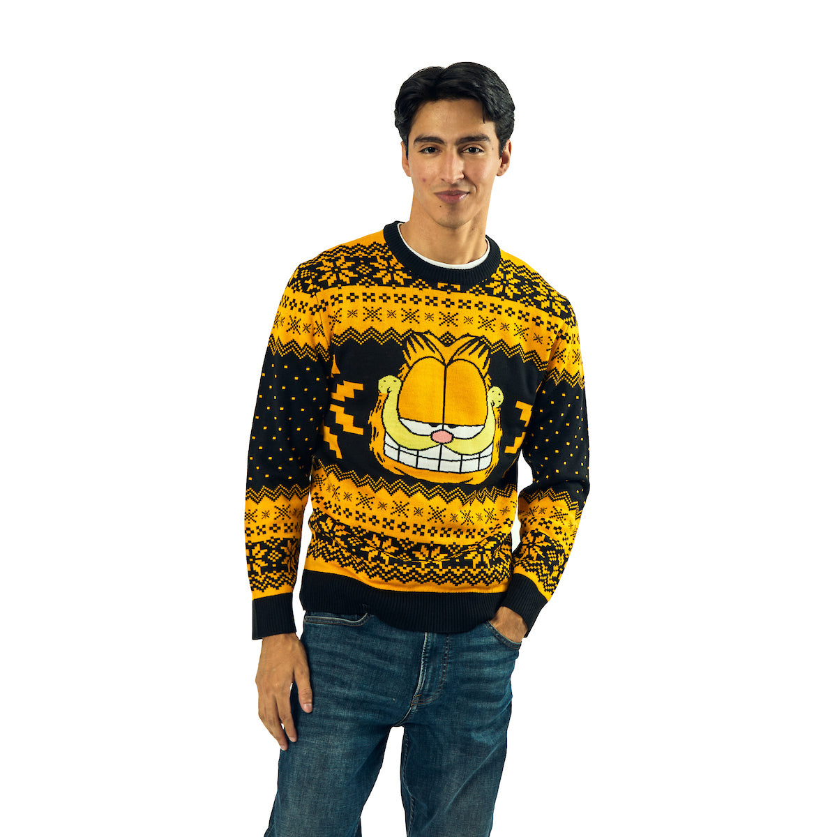Garfield Character Face Long Sleeve Men's Orange & Black Christmas Sweatshirt