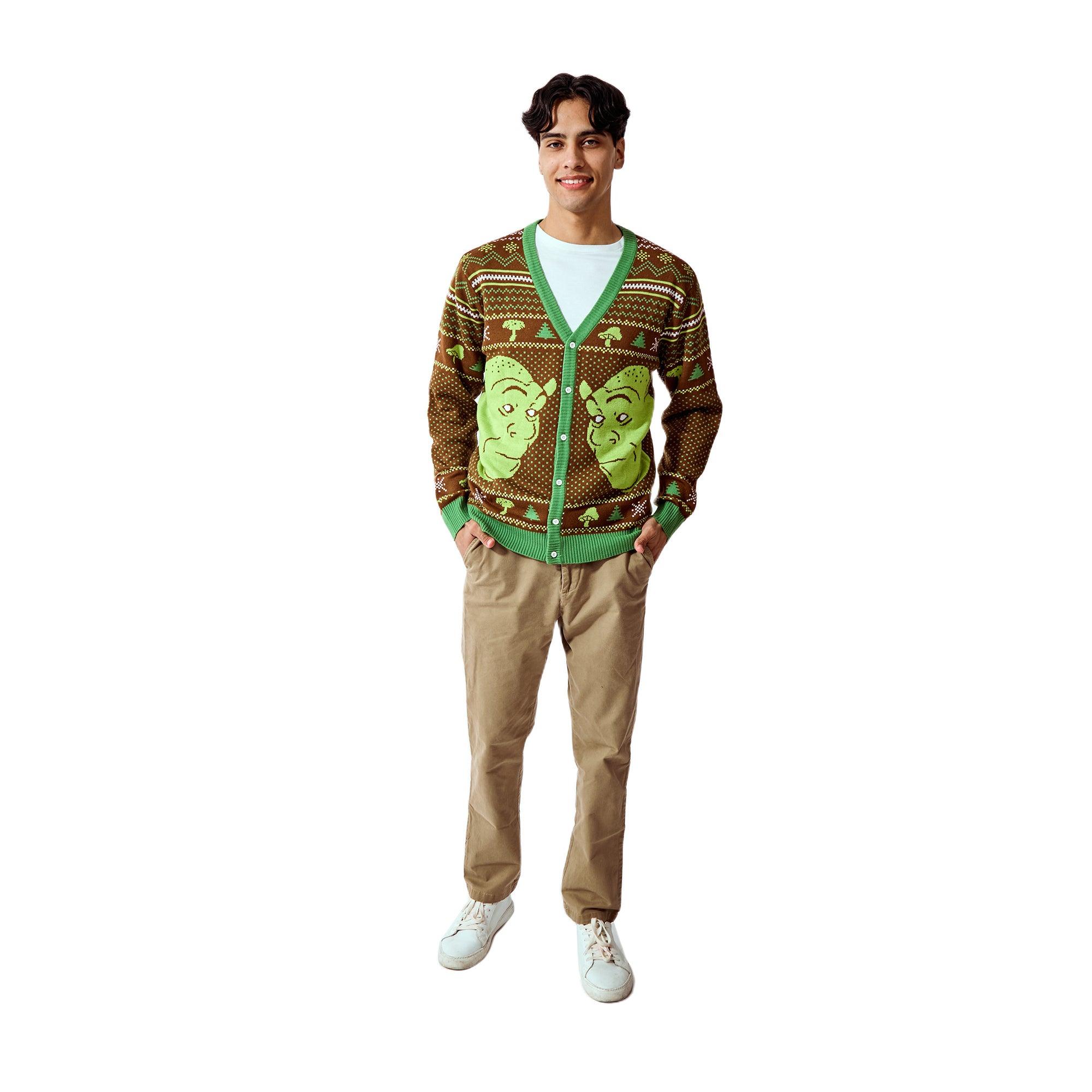 Shrek Character Faces Long Sleeve Men's Brown & Green Christmas Sweater