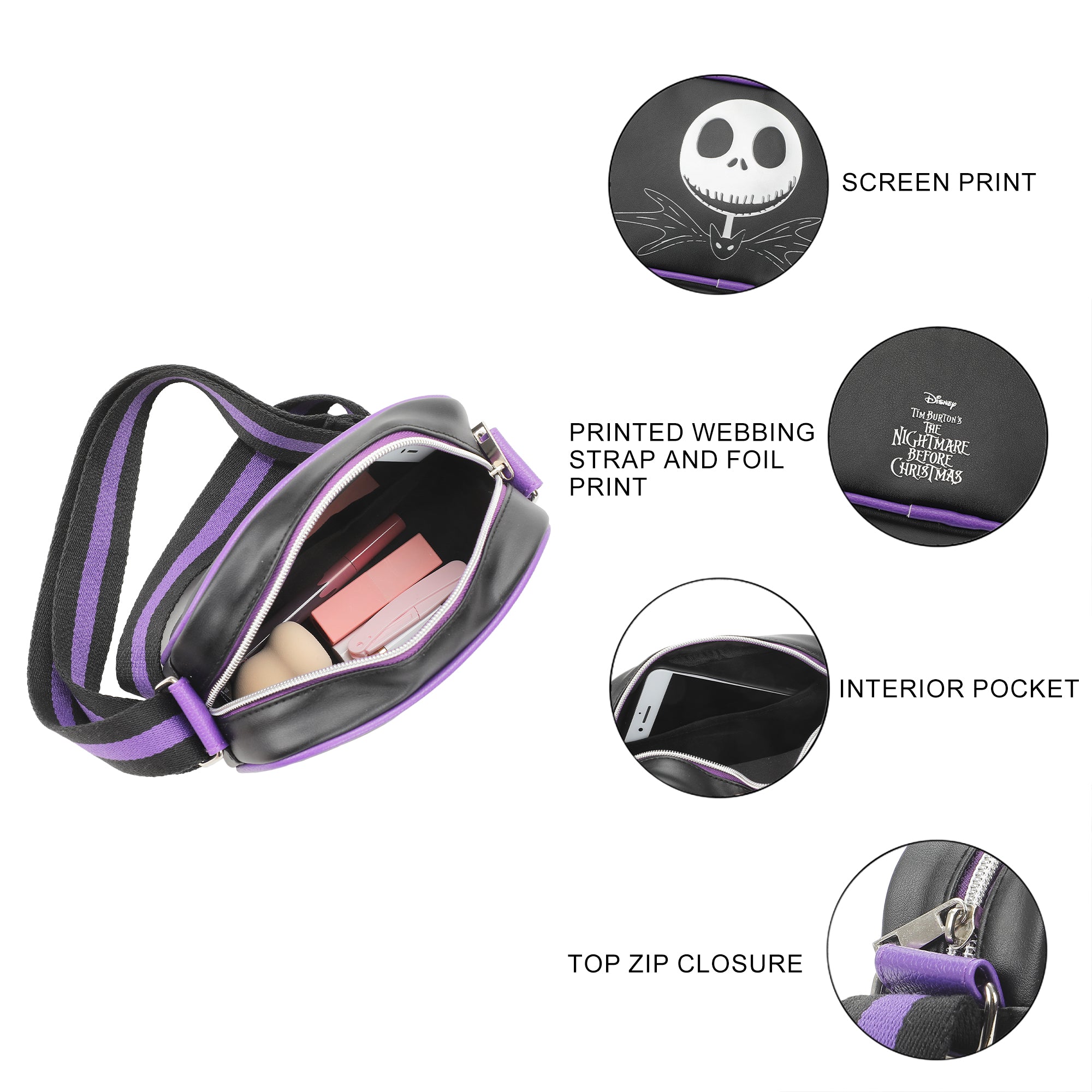 Nightmare Before Christmas Jack Skellington Black 7" Crossbody Bag