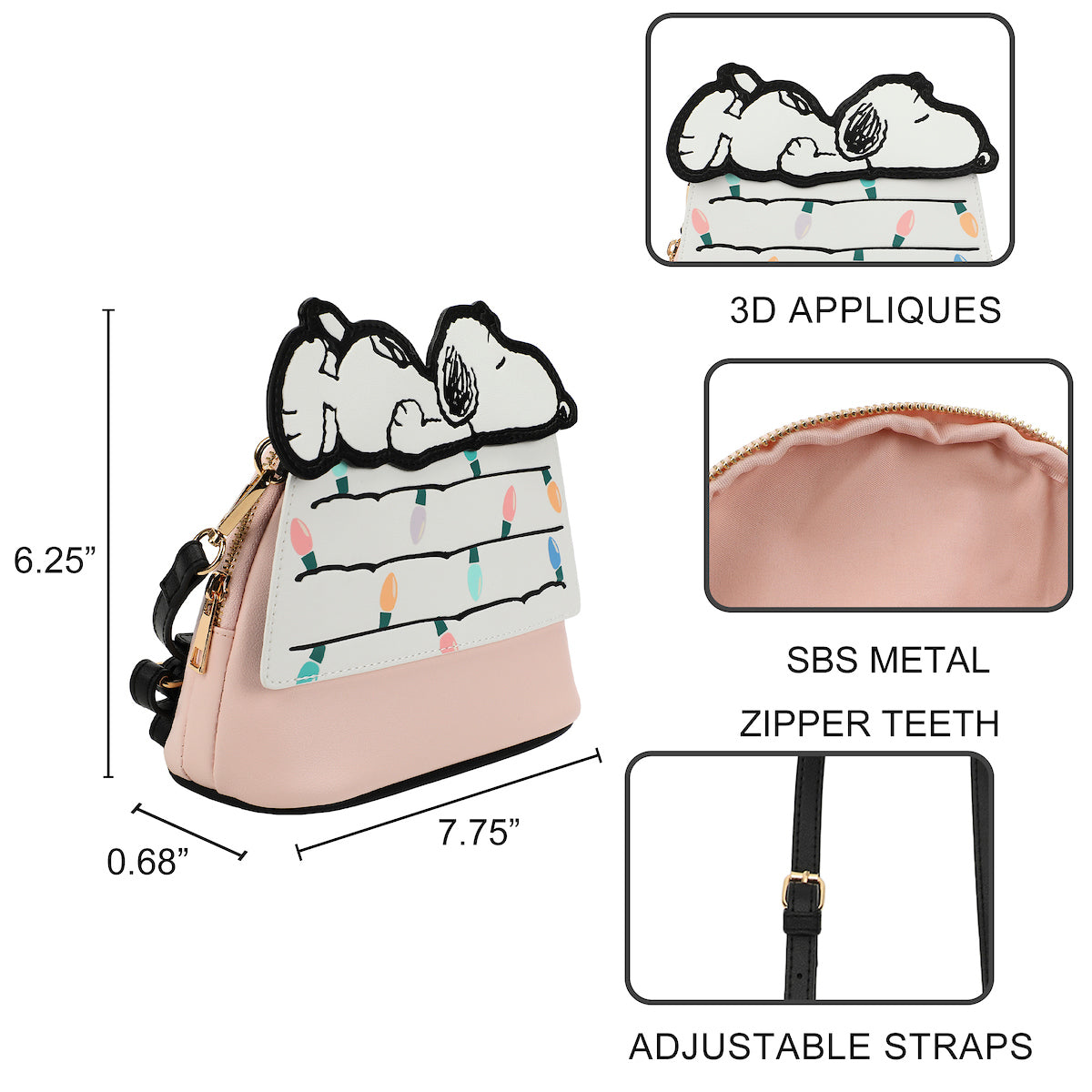 Peanuts Snoopy Christmas Dog House Pink 7.75" Dome Crossbody Bag