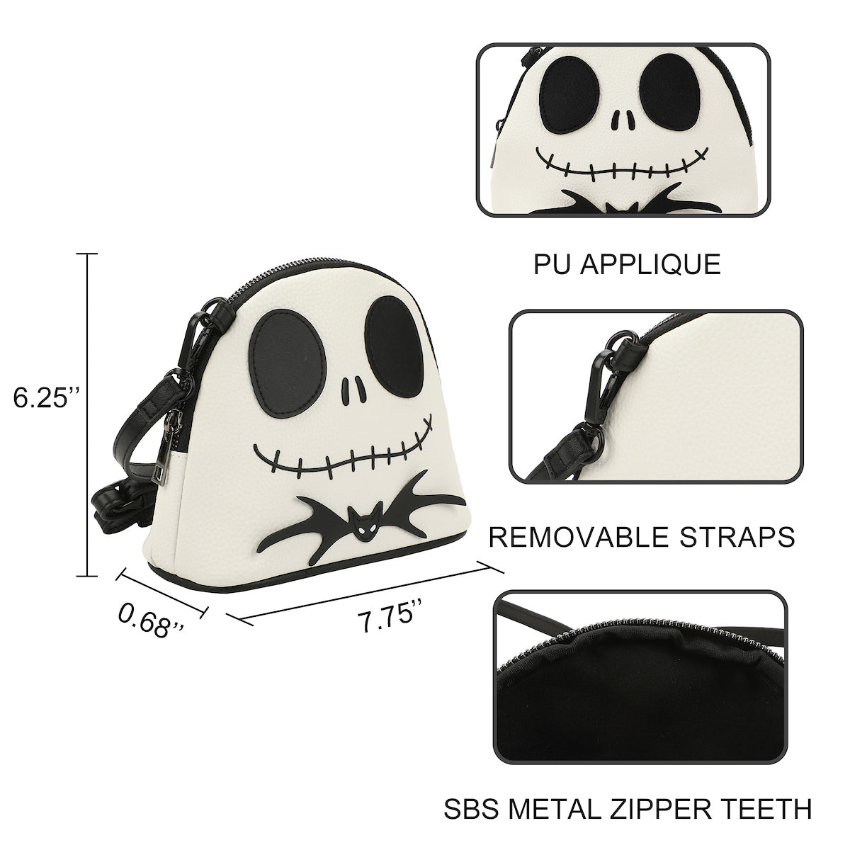 Nightmare Before Christmas Jack Skellington Character Head White 7.75" Dome Crossbody Bag