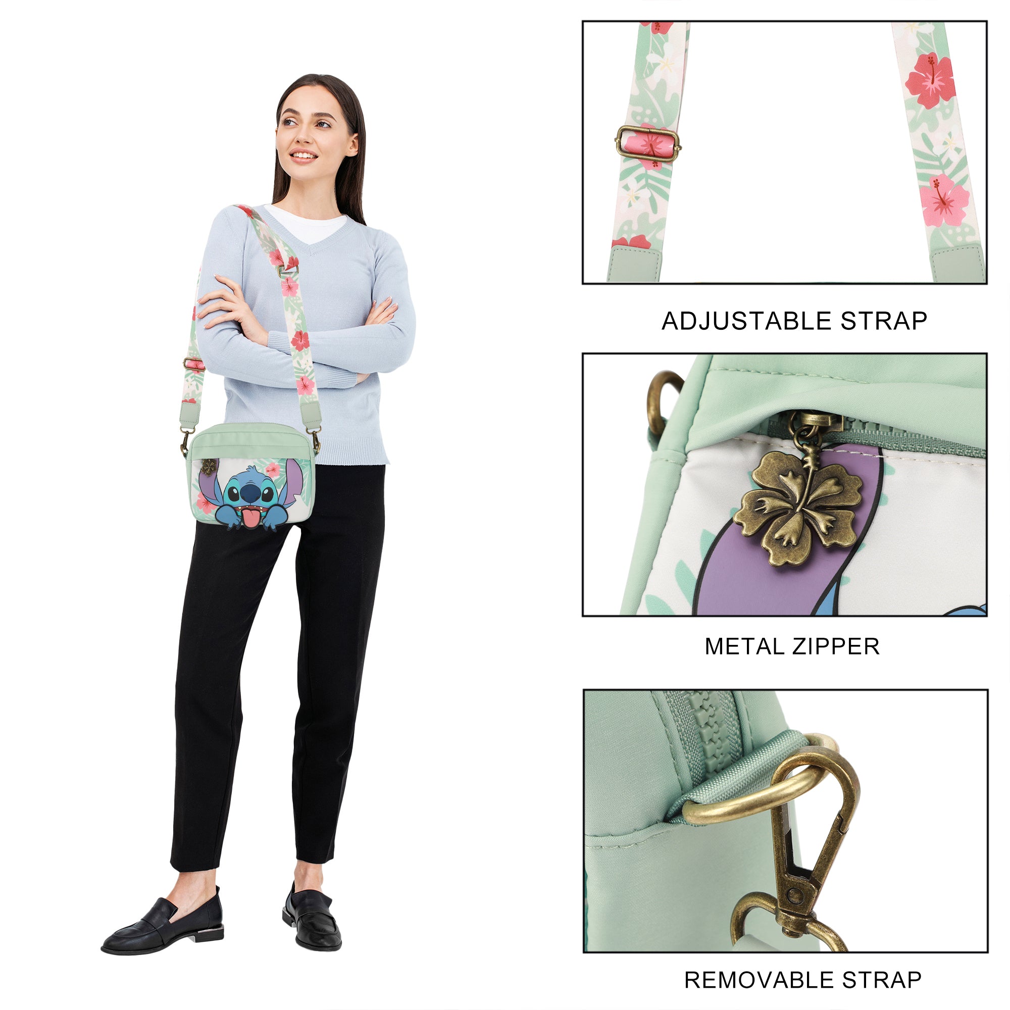 Disney Stitch Floral Print Green 7" Crossbody Bag