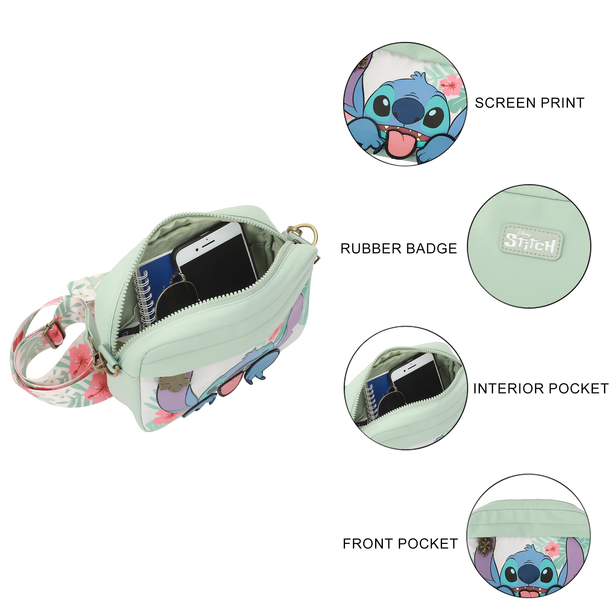 Disney Stitch Floral Print Green 7" Crossbody Bag