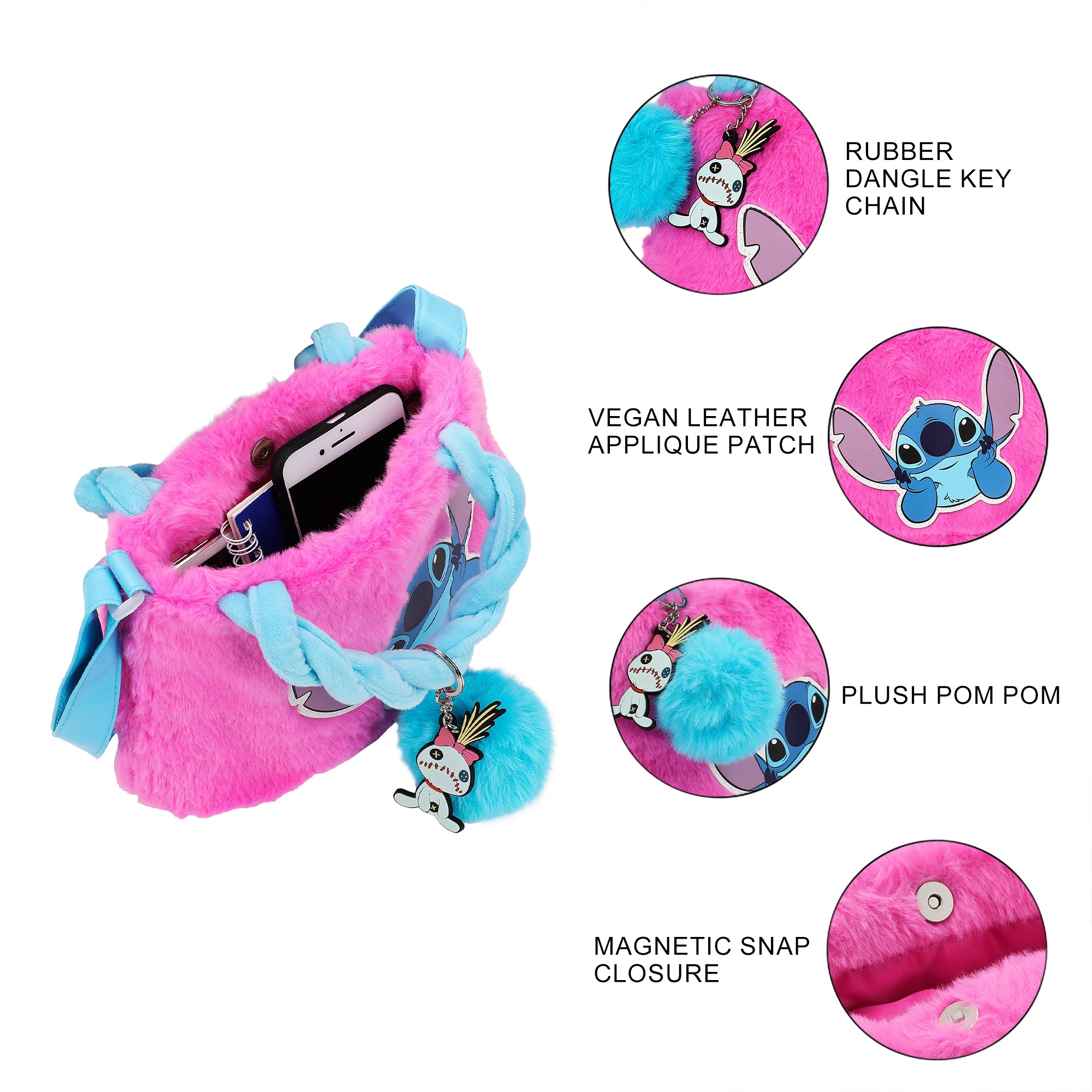 Disney Lilo & Stitch Character Applique Stitch Pink 6.3" Mini Faux Fur Tote