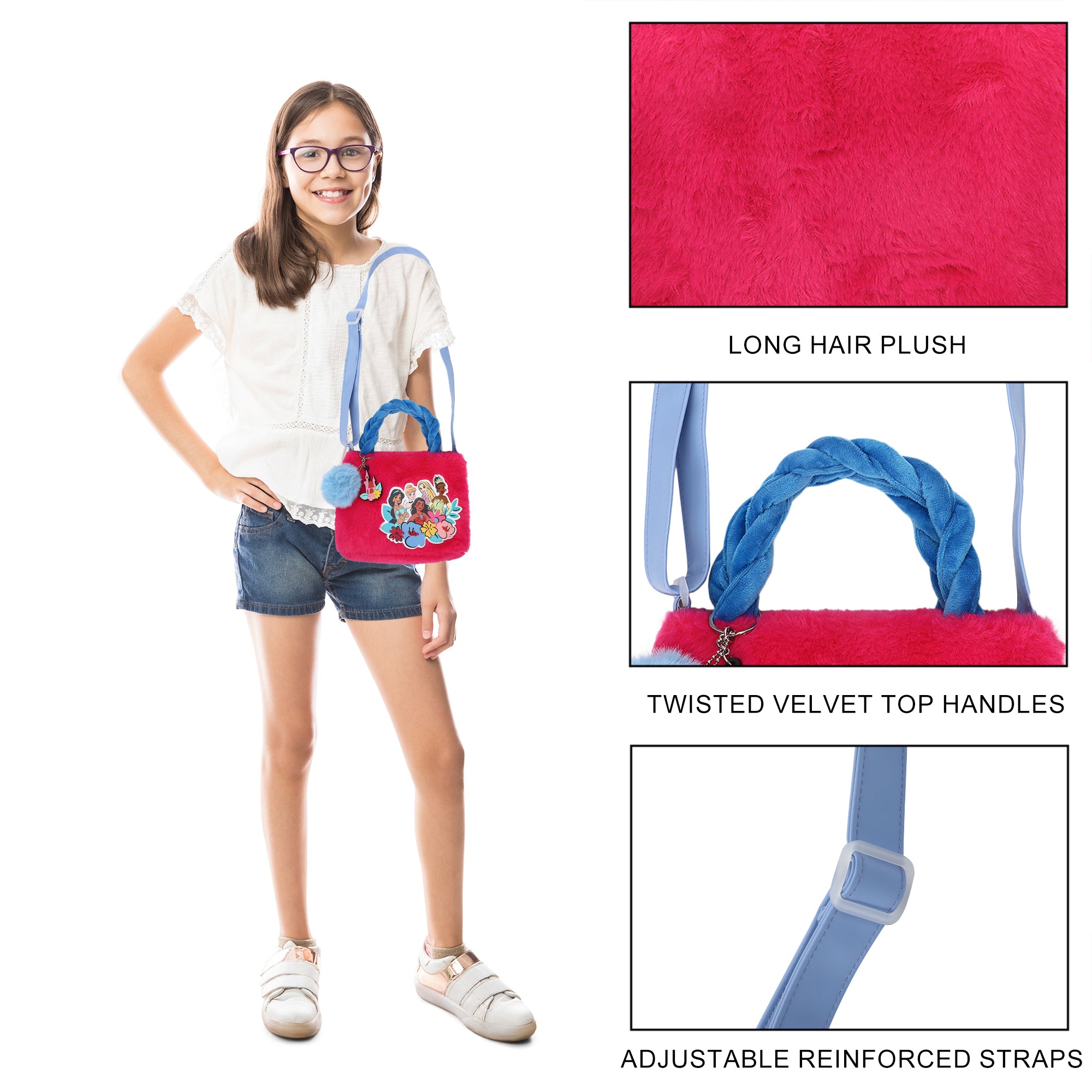 Disney Princess Characters & Flowers Applique Pink 6.3" Mini Faux Fur Tote