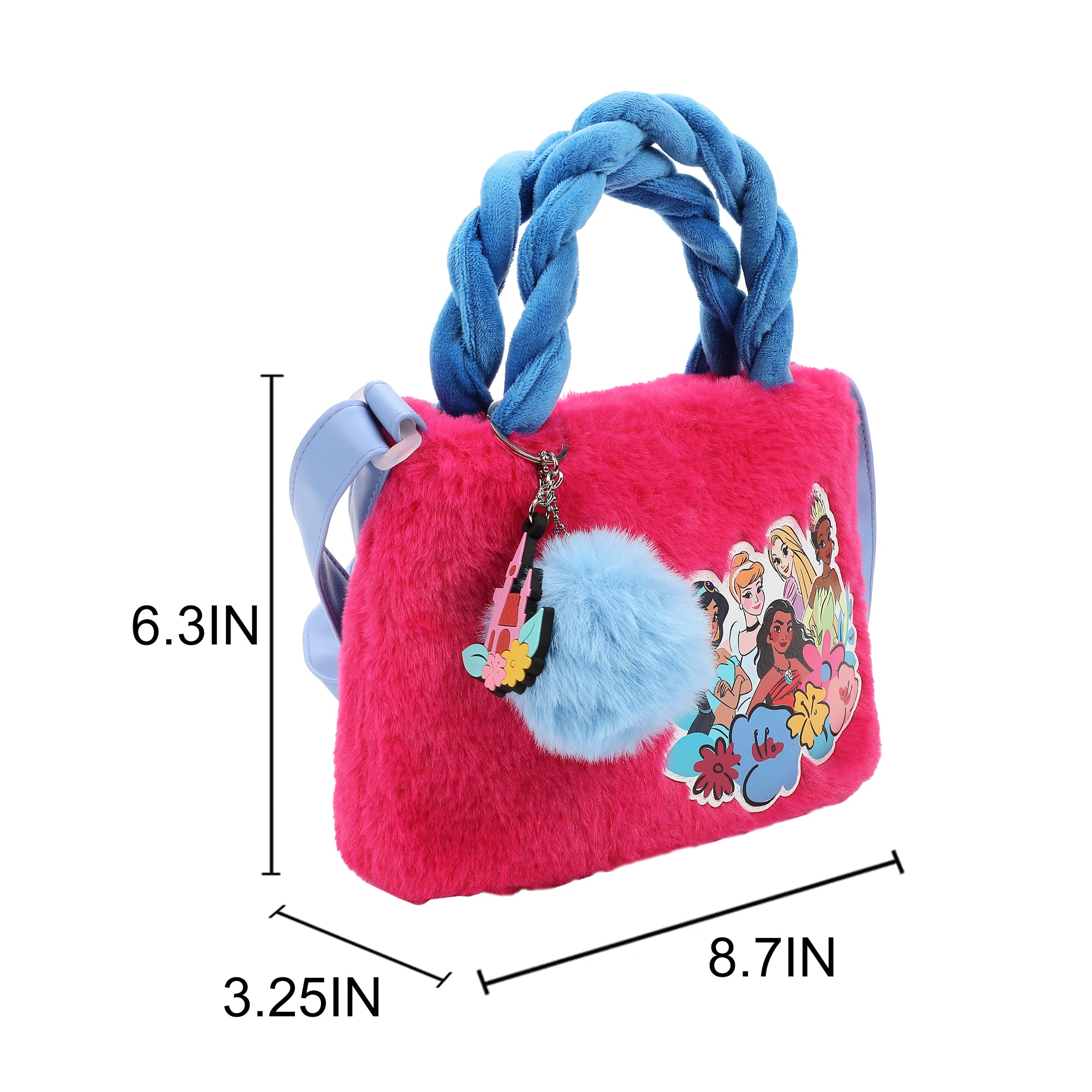 Disney Princess Characters & Flowers Applique Pink 6.3" Mini Faux Fur Tote
