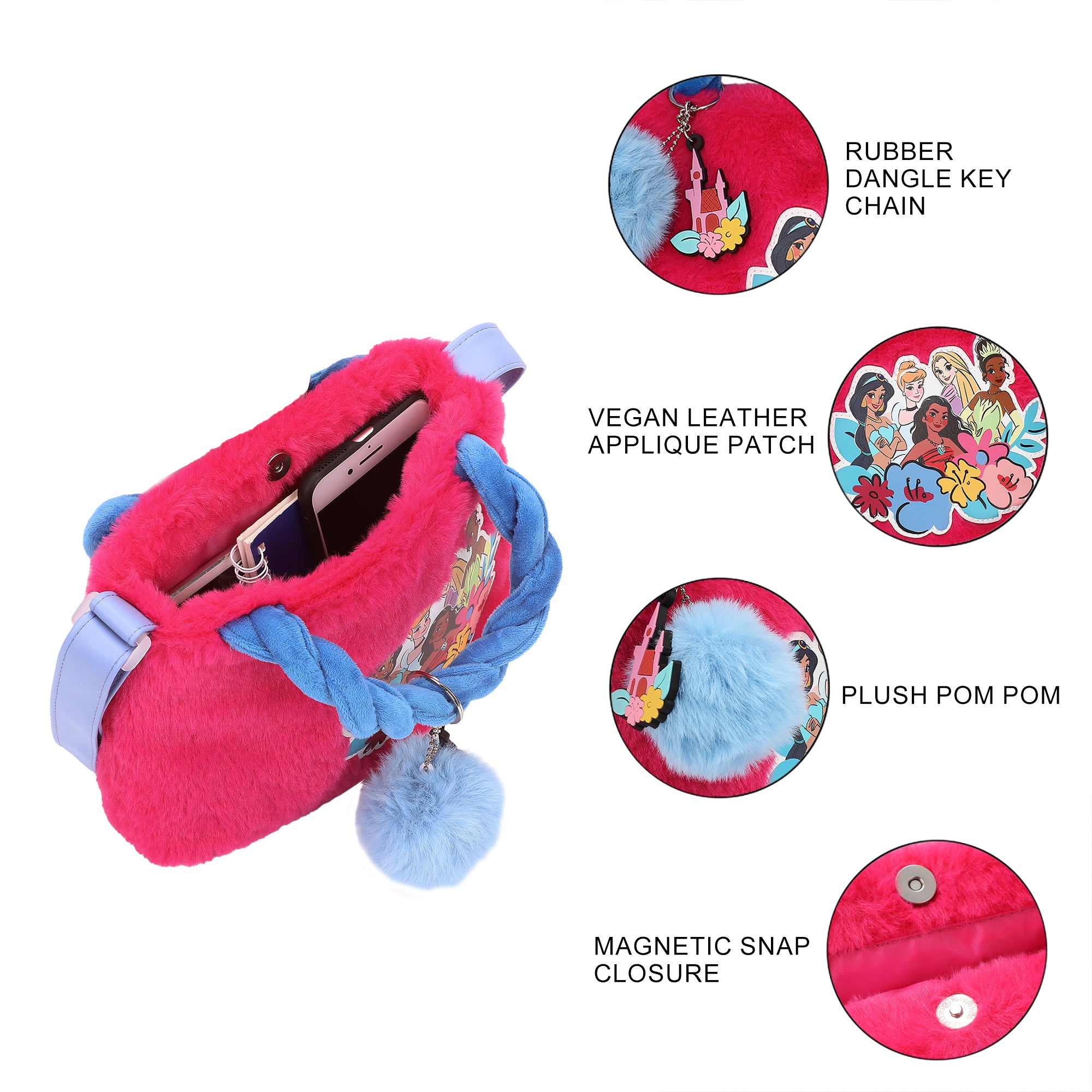 Disney Princess Characters & Flowers Applique Pink 6.3" Mini Faux Fur Tote