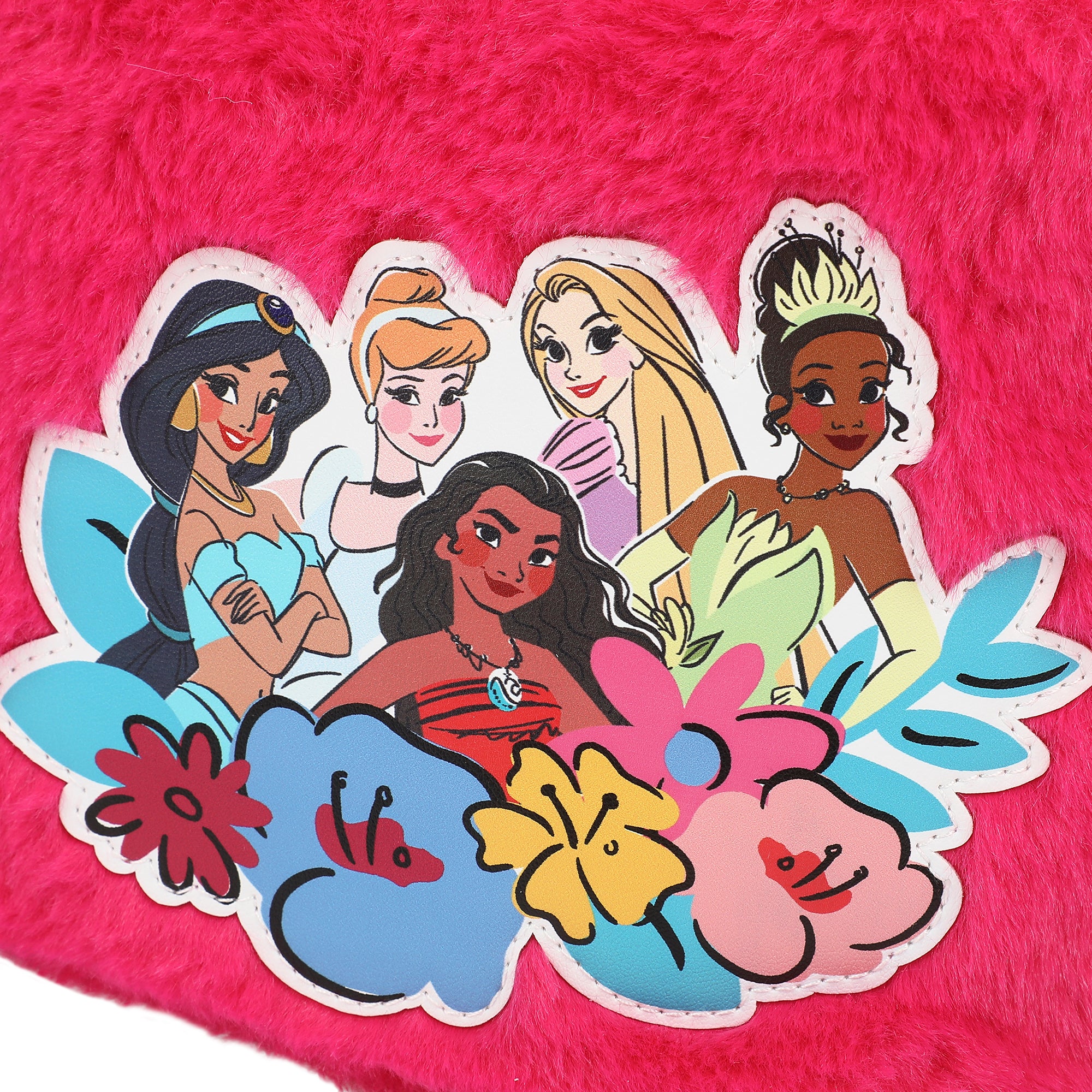 Disney Princess Characters & Flowers Applique Pink 6.3" Mini Faux Fur Tote