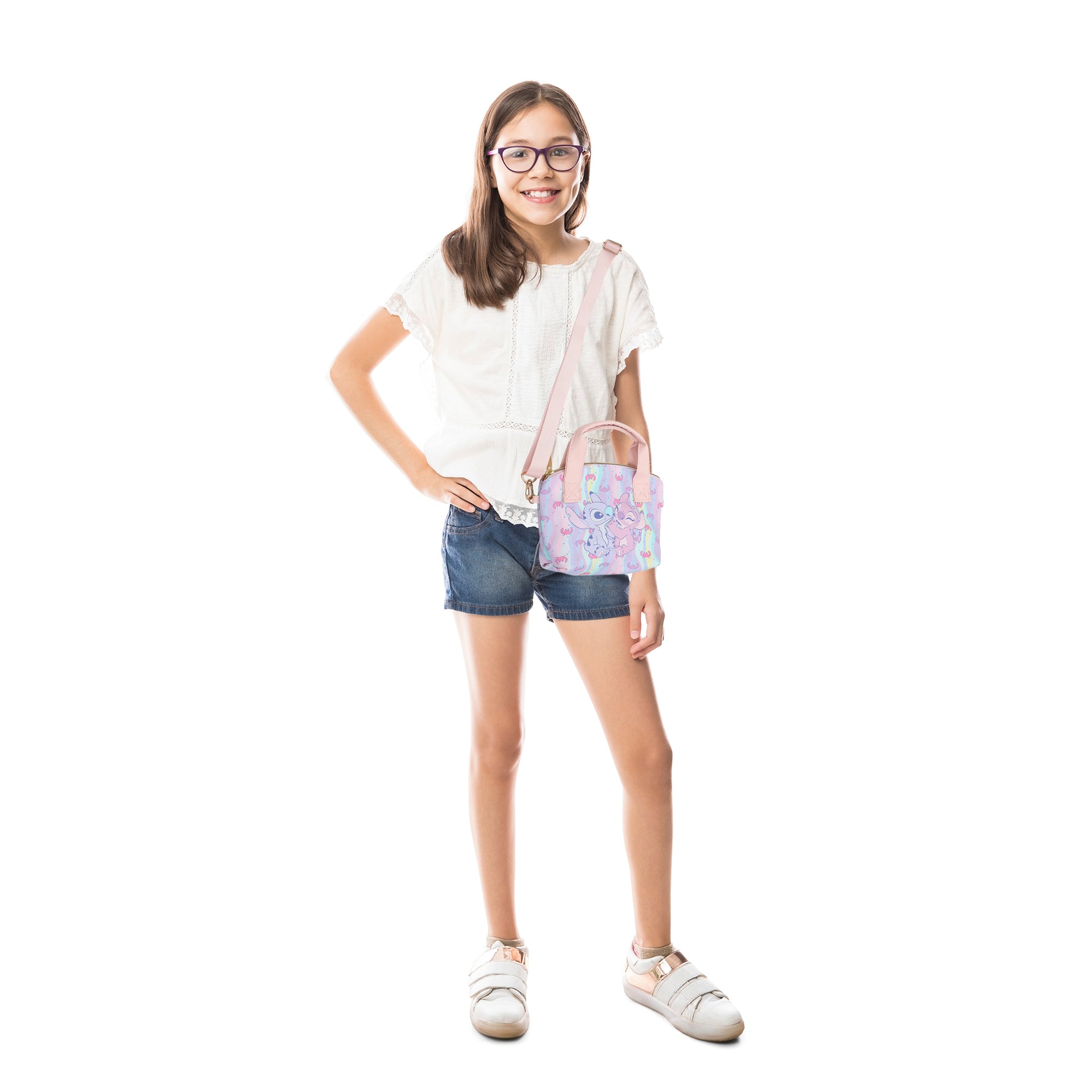 Disney Lilo & Stitch Angel & Stitch Hearts Pastel Striped 9.25" Mini PU Handbag