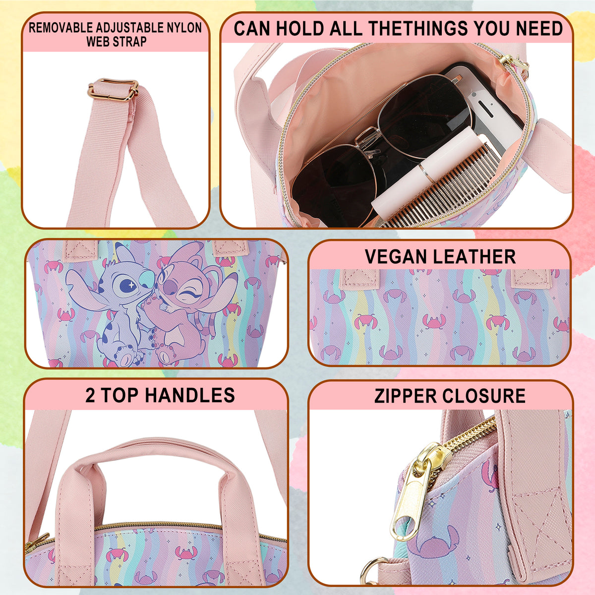 Disney Lilo & Stitch Angel & Stitch Hearts Pastel Striped 9.25" Mini PU Handbag