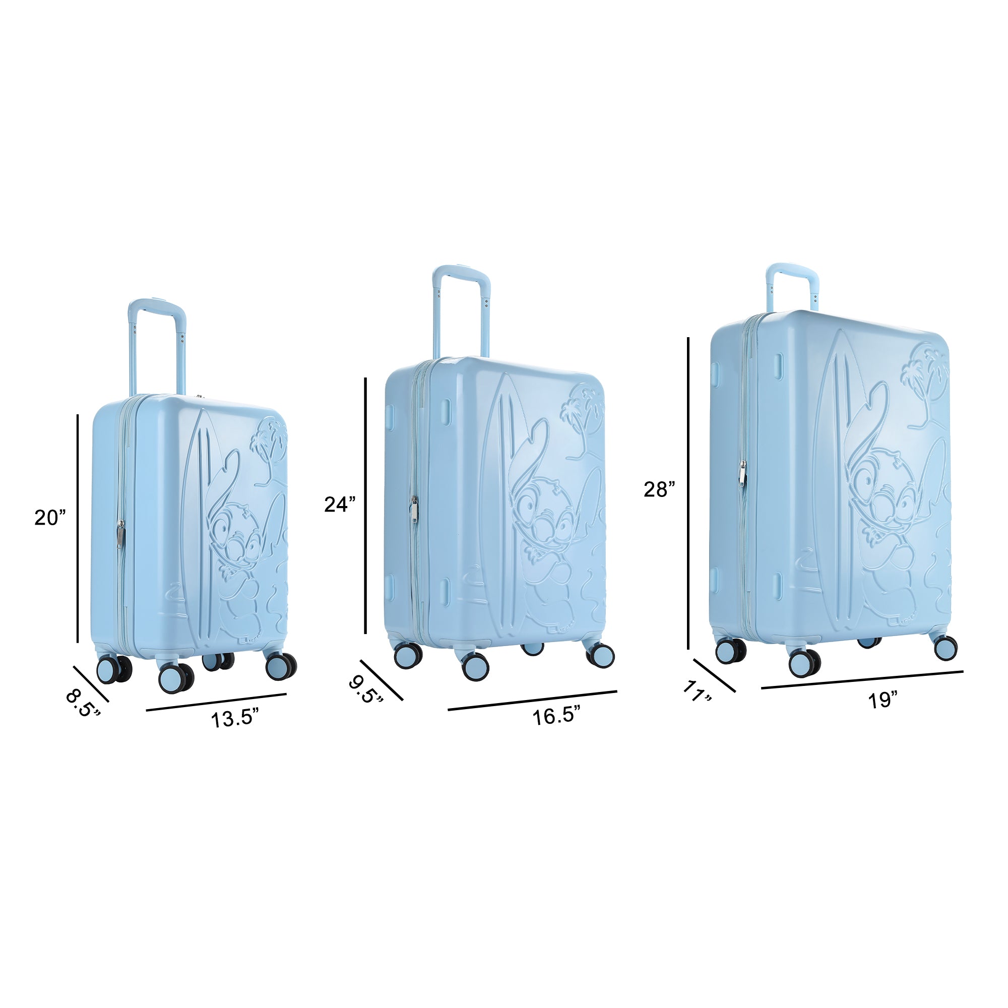 Disney Lilo & Stitch 3-Piece Hard Shell Luggage Set for Adults | 20", 24", 28" Rolling Suitcases with Spinner Wheels, Telescopic Handle & Durable ABS Design, Official Disney Travel Set from Bioworld