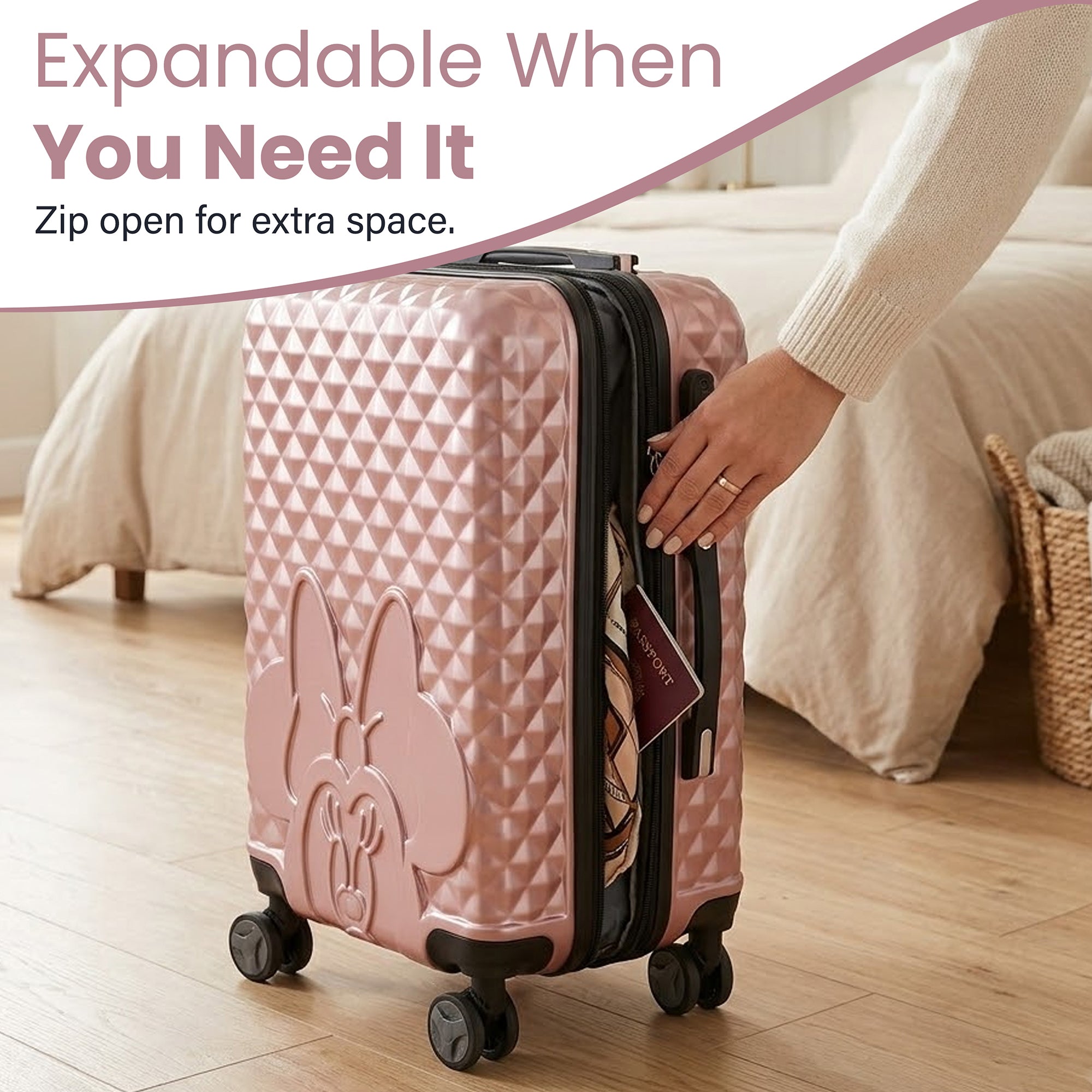 Disney Minnie Mouse 3-Piece Rolling Luggage Set, Pink Peek-a-Boo Molded Hardshell Suitcases (20" 24" 28"), Luggage with Wheels, Retractable Trolley Handle, Zippered Divider & Cross Straps, Officially Licensed