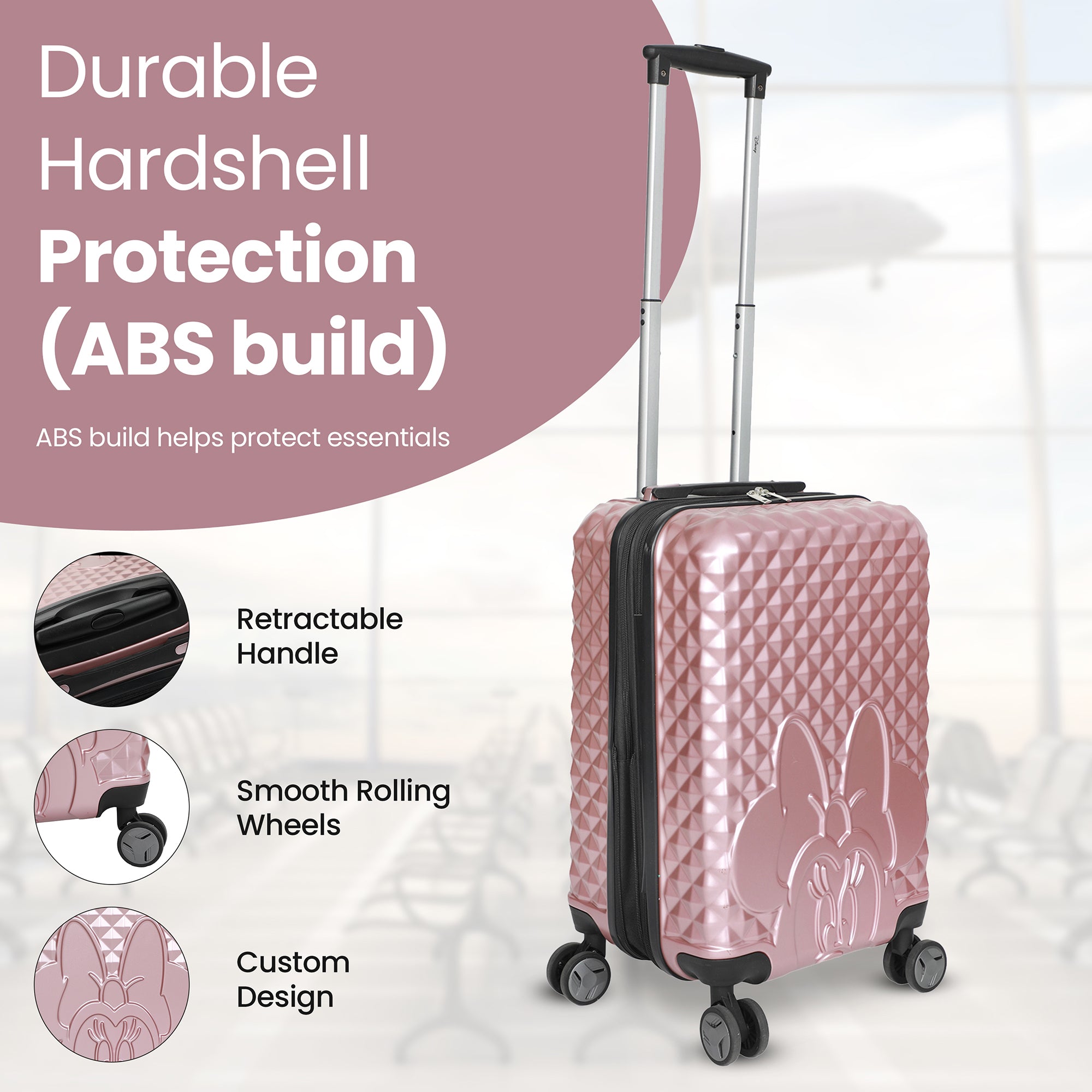 Disney Minnie Mouse 3-Piece Rolling Luggage Set, Pink Peek-a-Boo Molded Hardshell Suitcases (20" 24" 28"), Luggage with Wheels, Retractable Trolley Handle, Zippered Divider & Cross Straps, Officially Licensed