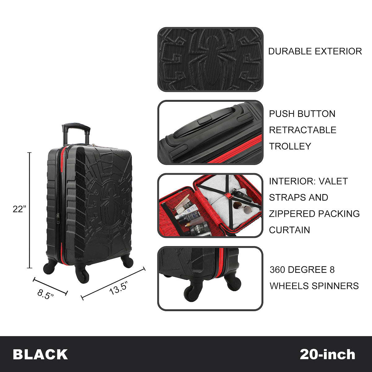 Marvel Spider-Man Spider Logo Black 22" 4-Wheel Rolling Luggage