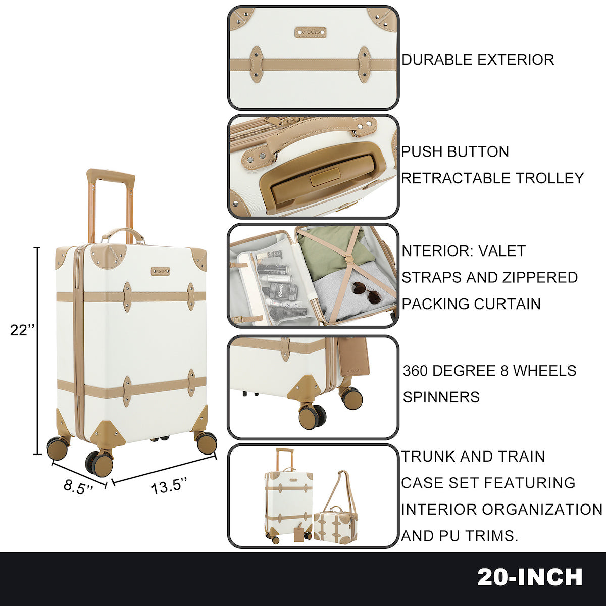 Viggio Vintage-Inspired White 2-Pack Hardside Trunk & Train Case With Brown Accents