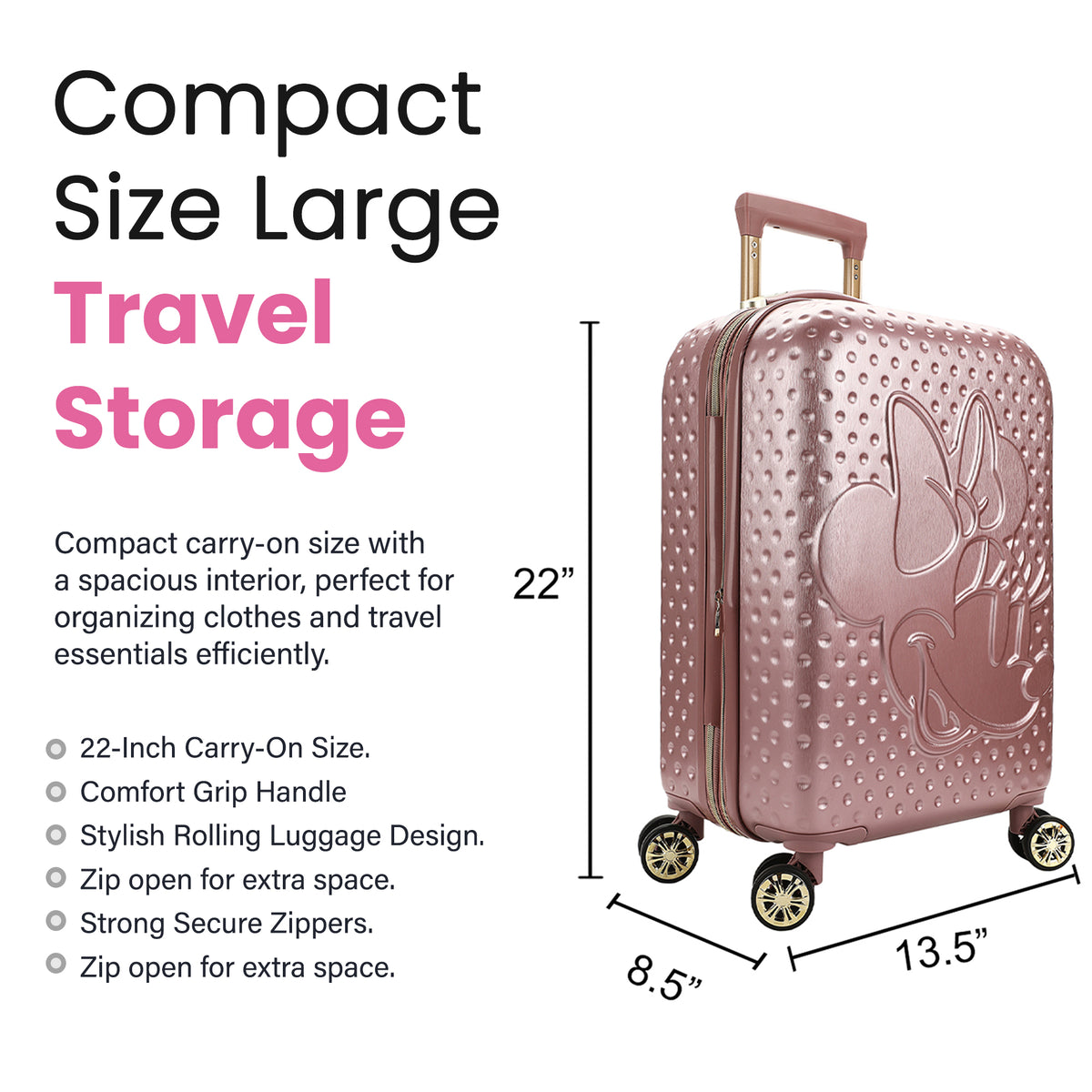 Disney Minnie Mouse 20 Inch Carry On Rolling Luggage, Rose Gold Hardshell Spinner Suitcase with 8 Wheels, Retractable Handle, Valet Straps & Zippered Packing Curtain, Expandable, Officially Licensed