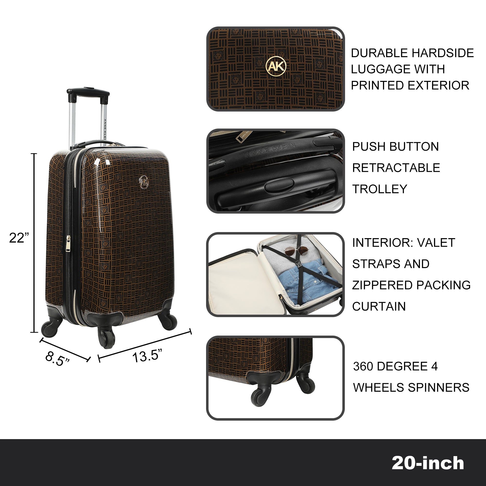 Anne Klein Signature 20" Metal Plate Logo Hardside Carry-On Printed Adult Hardside Fashion Rolling Luggage