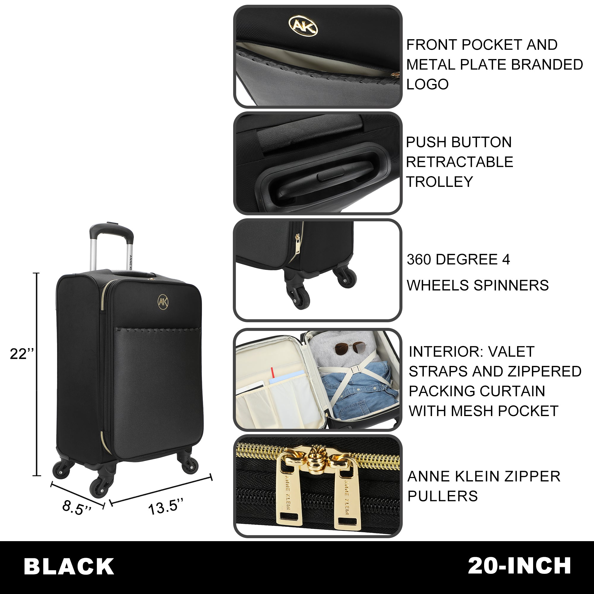 Anne Klein Black 20" Pebble PU Softside Whipstitch Adult Rolling Luggage