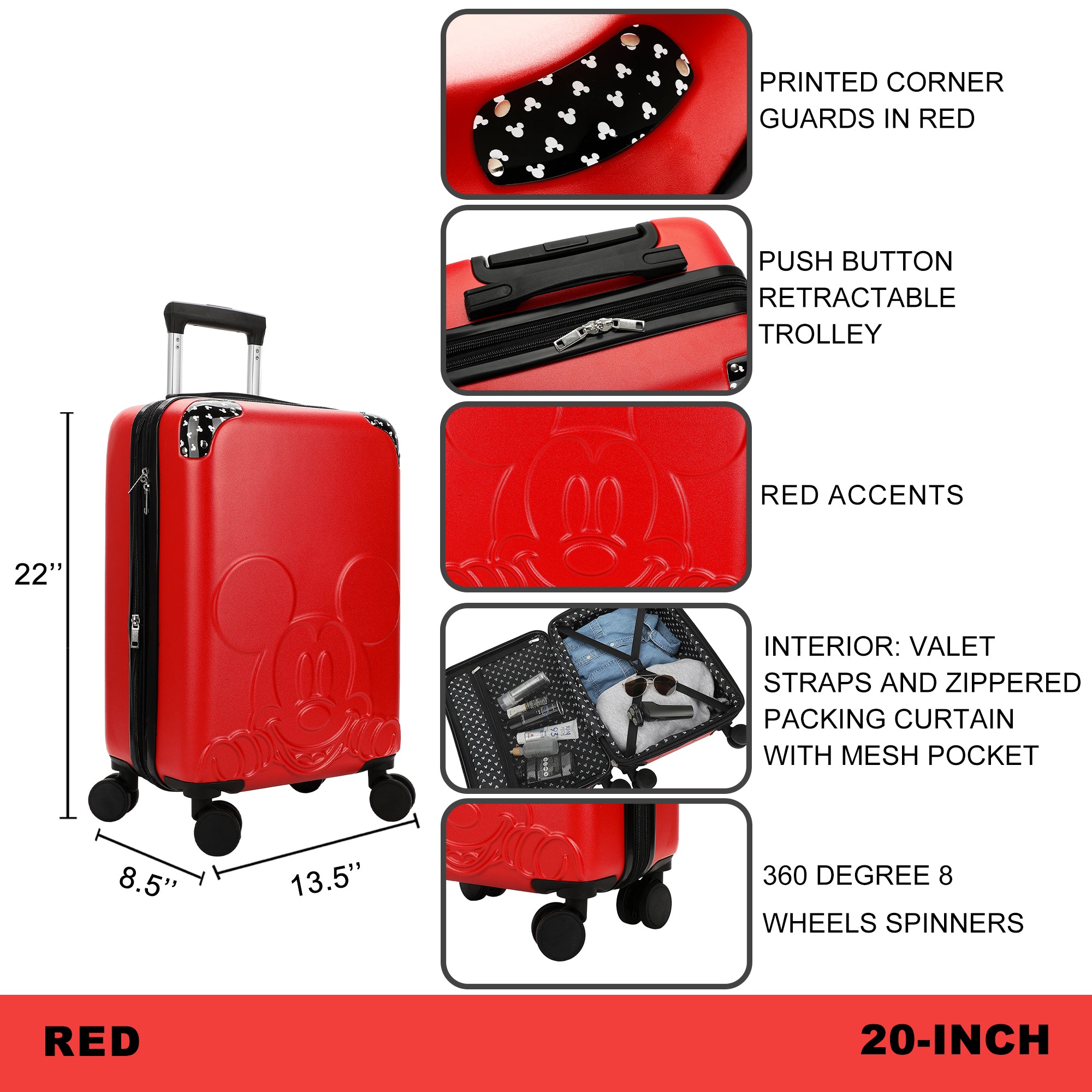 Disney Mickey Mouse Red 20" Adult Hardside Rolling Luggage