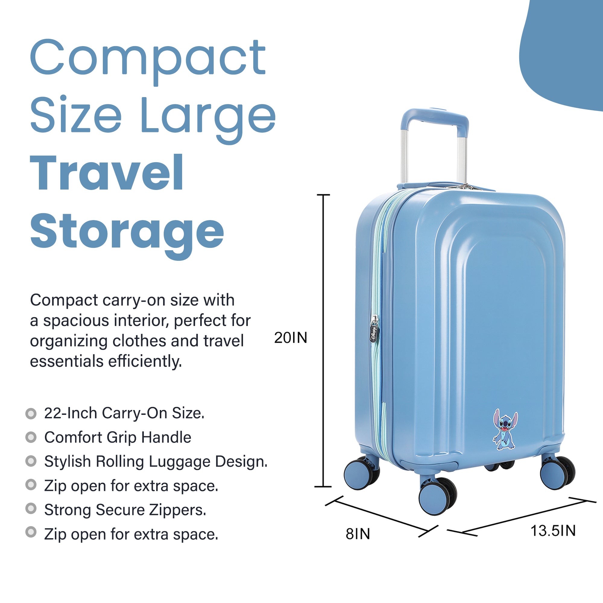 Disney Lilo & Stitch Peeking Rubber Badge 20" 4-Wheel Roling Luggage