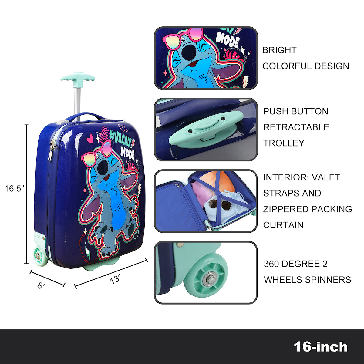 Disney Stitch Vacay Mode Youth 18" 2-Wheeled Hardside Carry-On  Suitcase Luggage for Toddler