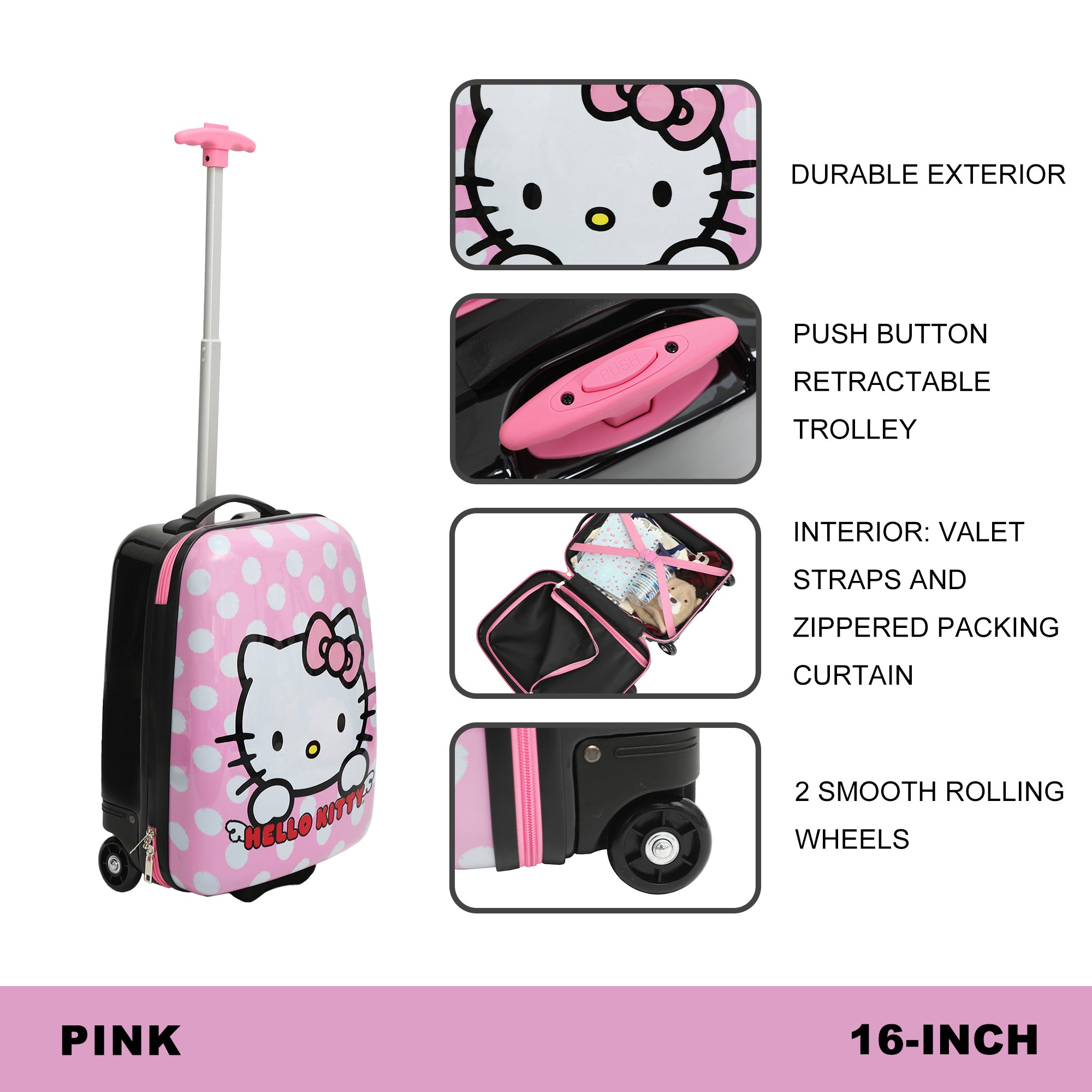 Hello Kitty 16 Inch Telescopic Youth Carry-on Luggage Suitcase for Toddler