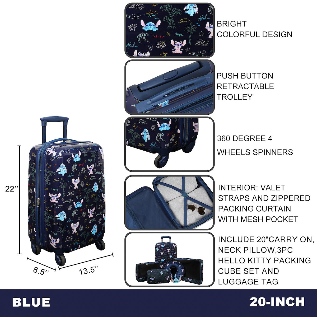 Stitch 6-Piece Travel Set - 20" Carry on Luggage, Neck Pillow, Luggage Tag & Packing Cubes