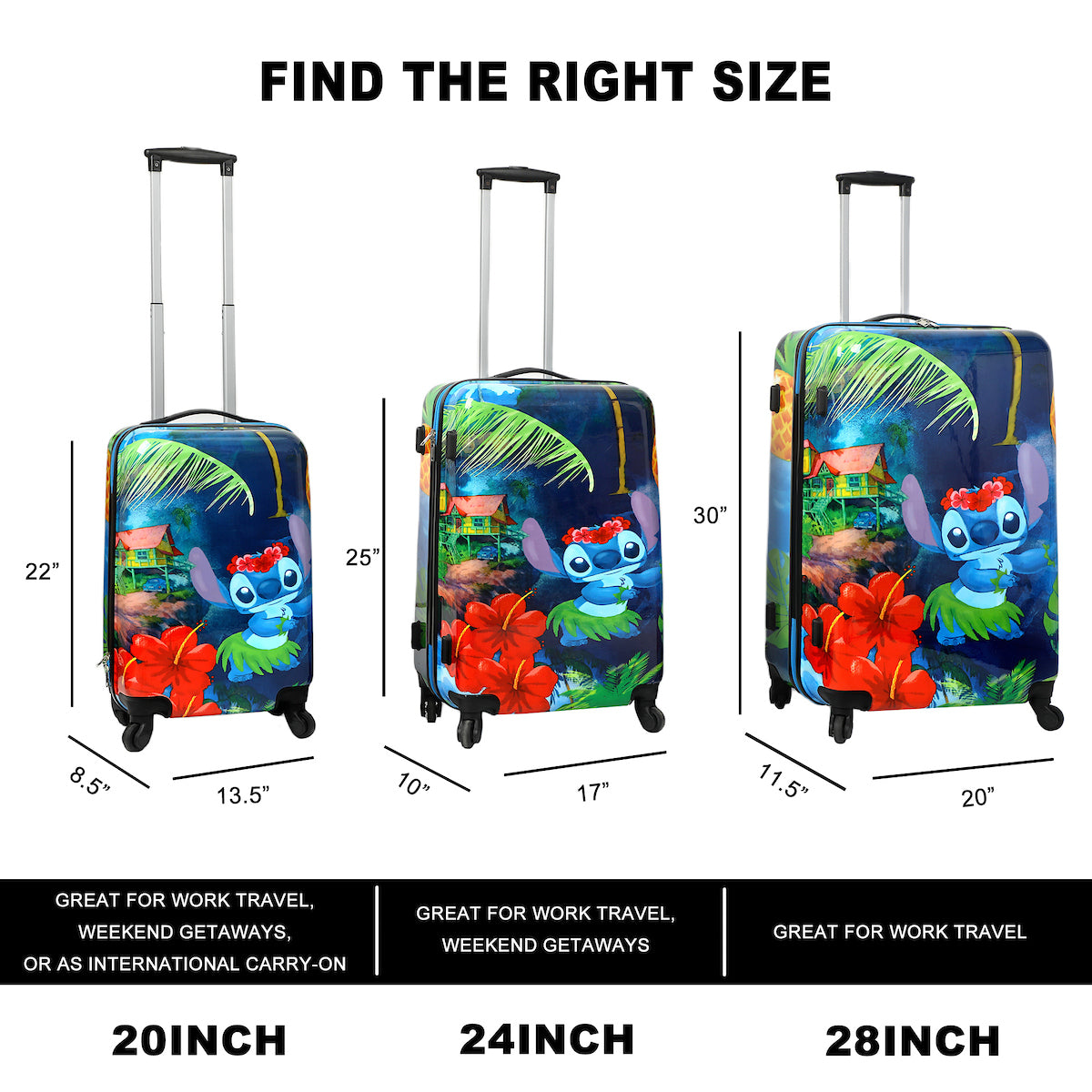 Lilo and Stitch 3-Piece Luggage Set - 20", 24", and 28" Rolling Suitcases