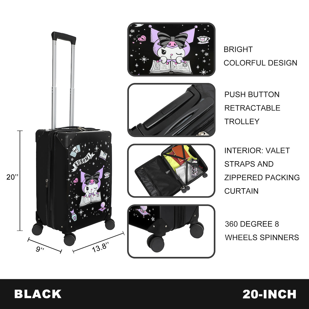 Kuromi Black and Purple 20" Carry-On Suitcase With Wheels And Retractable Handle