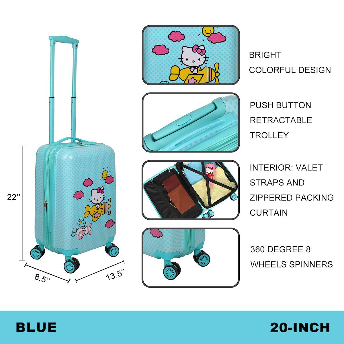 Hello Kitty Airplane 20" Carry-On Luggage With Wheels And Retractable Handle